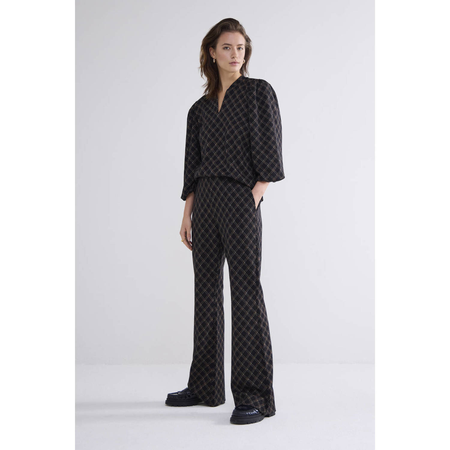 Summum geruite top met jacquard zwart