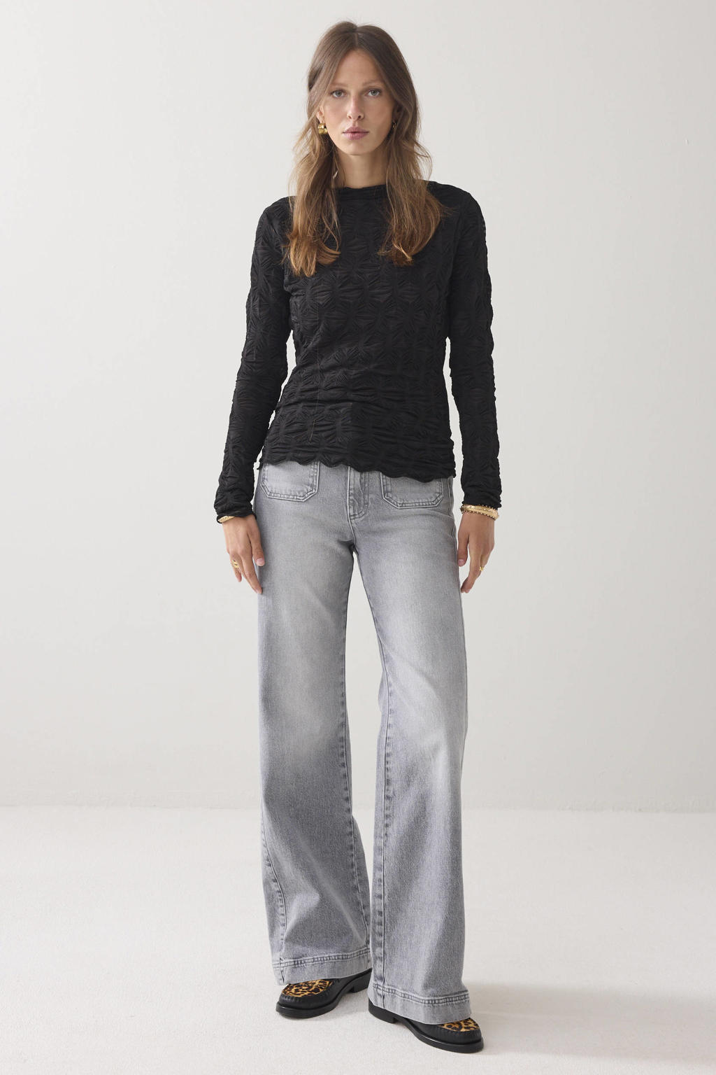 Summum jersey top met ingebreid patroon zwart