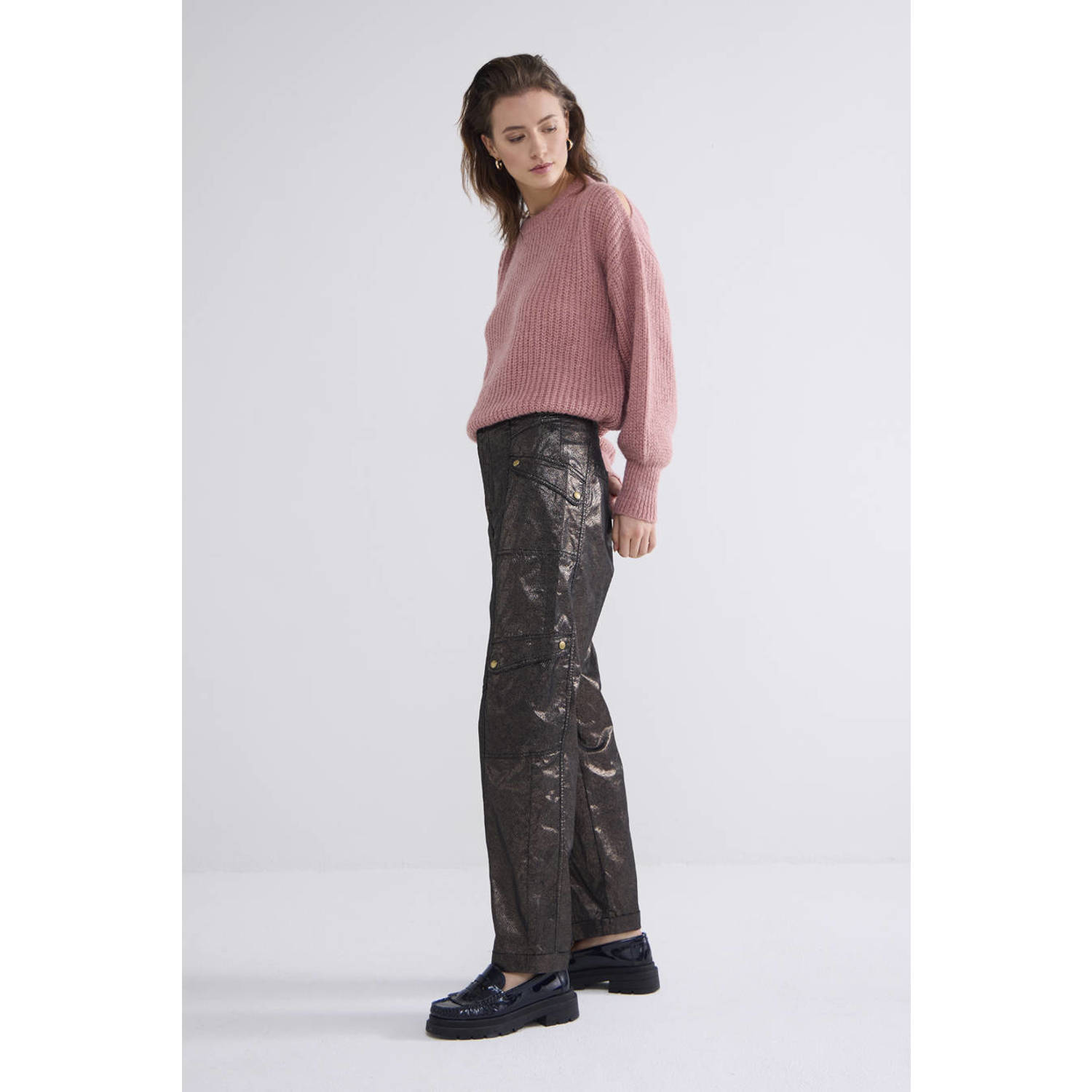 Summum coated straight fit broek donkerbruin