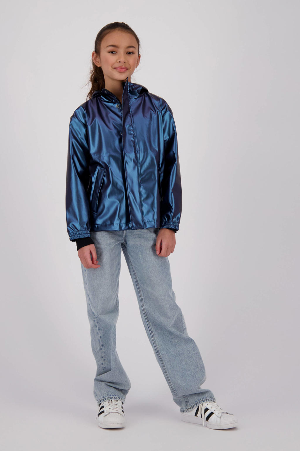 Blauwe jongens en meisjes Vingino kids regenjas Lightning van polypropyleen met effen, lange mouwen en capuchon