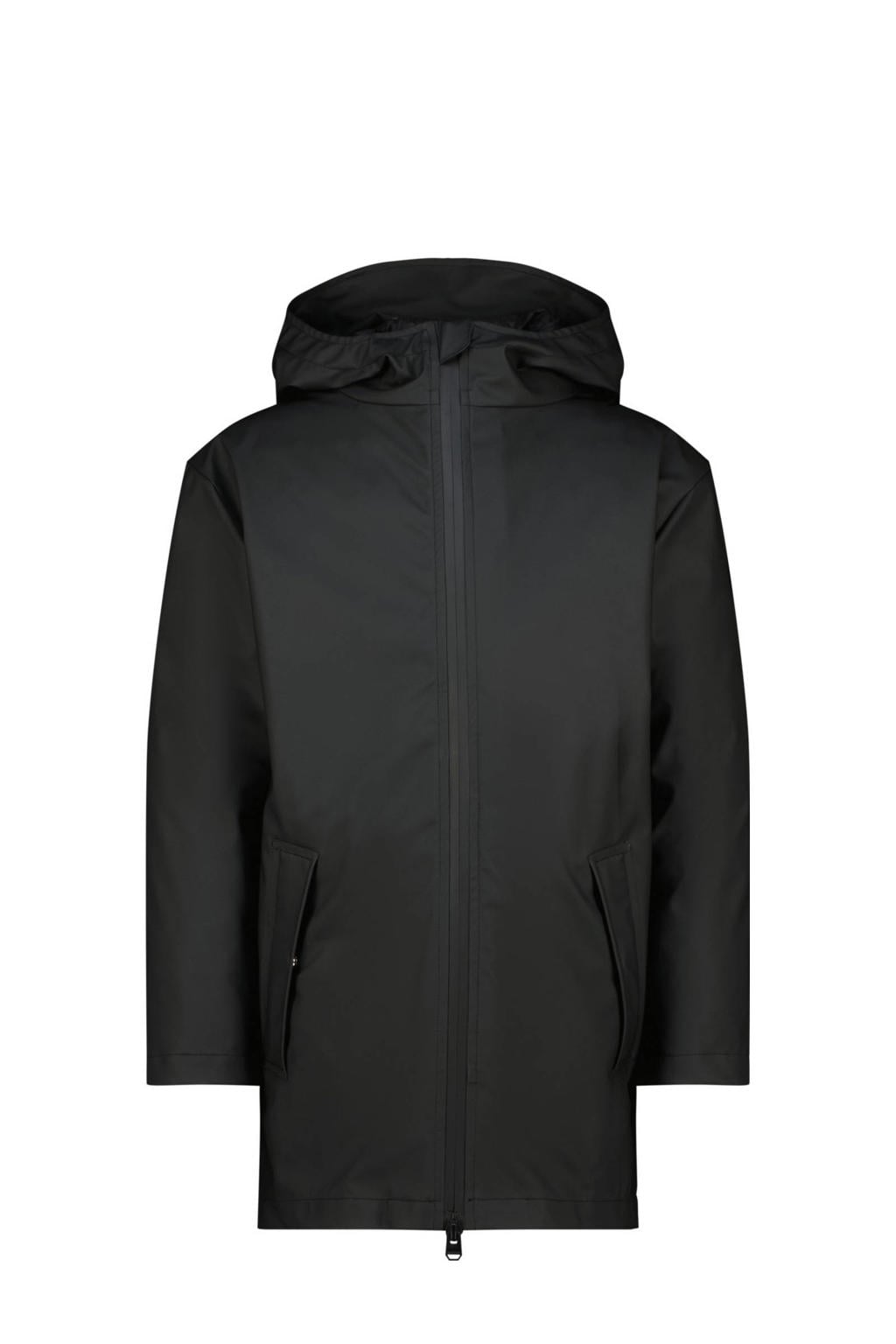 Zwarte jongens en meisjes Vingino kids regenjas Monsoon van polypropyleen met effen, lange mouwen, capuchon en ritssluiting
