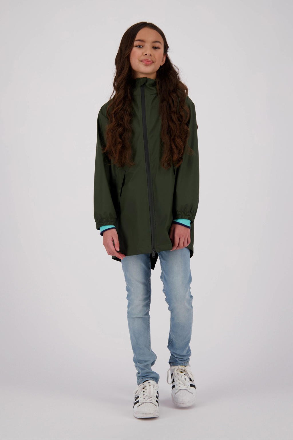 Groene jongens en meisjes Vingino kids regenjas Thunder van polypropyleen met effen, lange mouwen, capuchon en ritssluiting