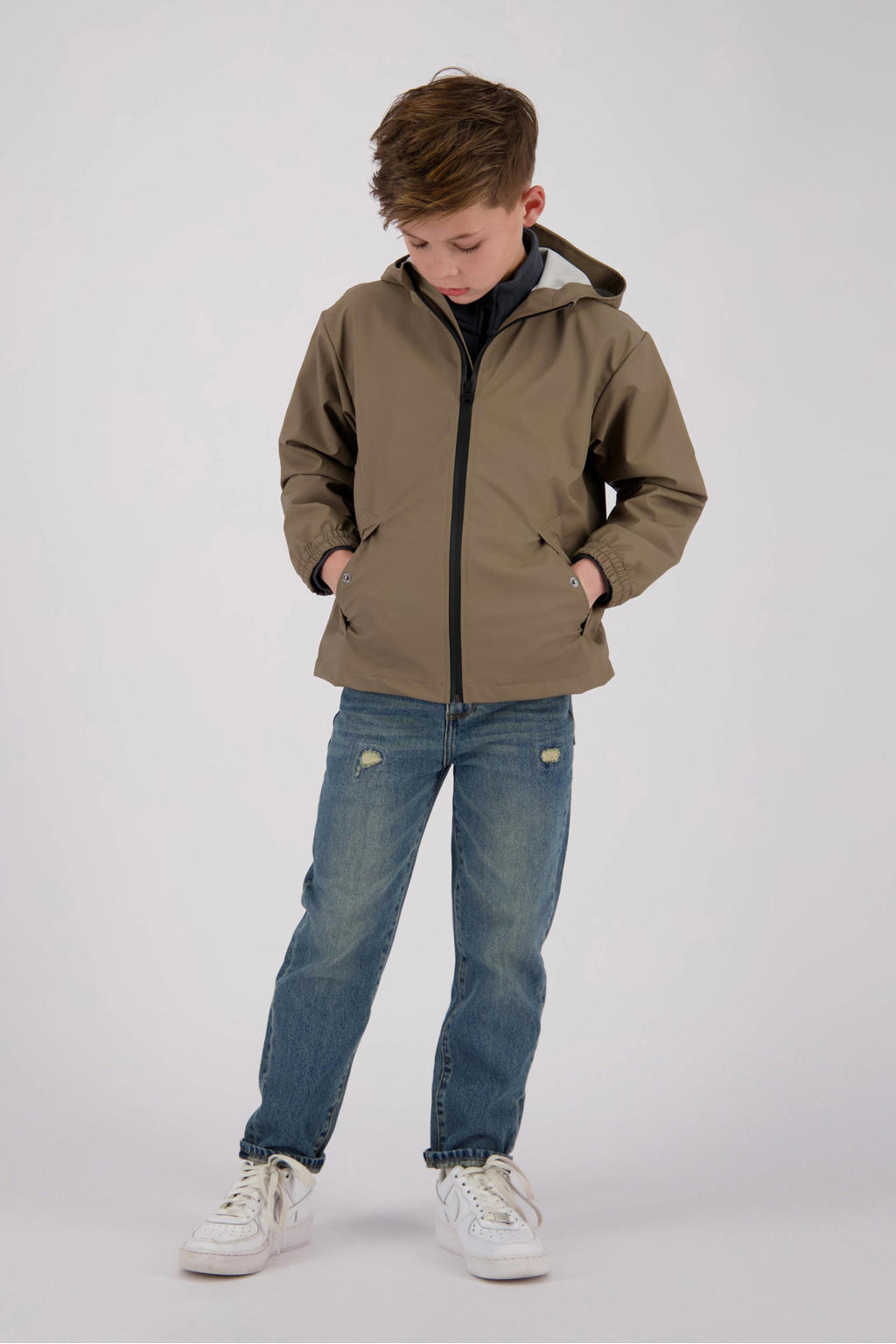 Bruine jongens en meisjes Vingino kids regenjas Thyfoon van polypropyleen met effen, lange mouwen, capuchon en ritssluiting