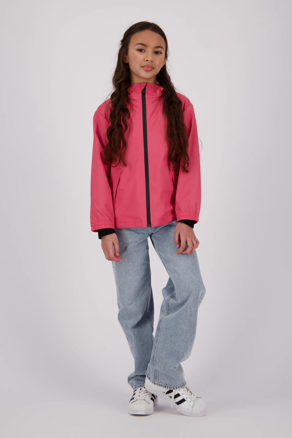 Roze jongens en meisjes Vingino kids regenjas Thyfoon van polypropyleen met effen, lange mouwen, capuchon en ritssluiting