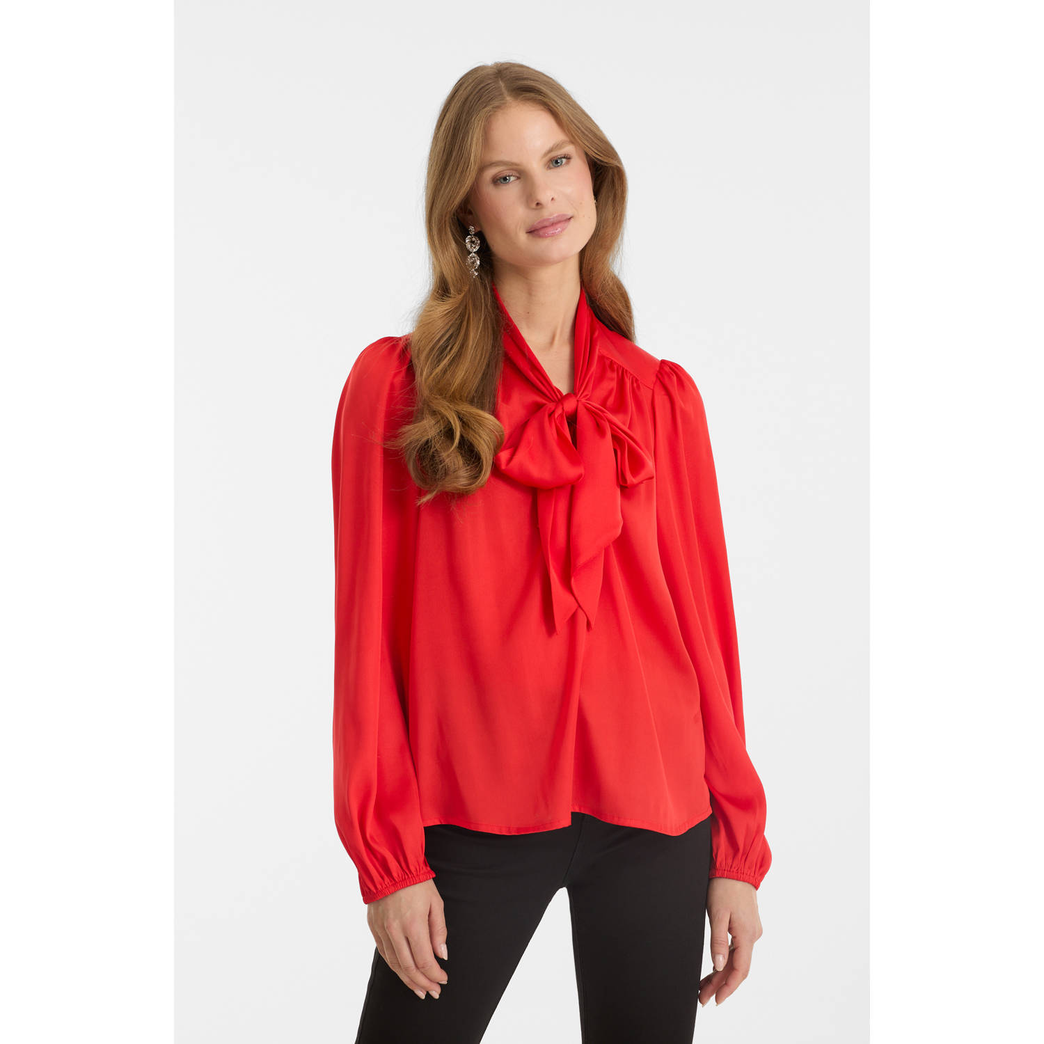 Anytime satijnen blouse met strikkraag rood