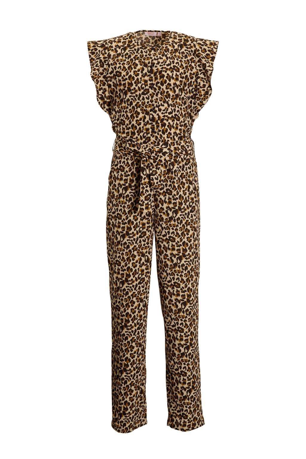 Beige meisjes Orange Stars jumpsuit Raye van polyester met dierenprint, korte mouwen, ronde hals en knoopsluiting
