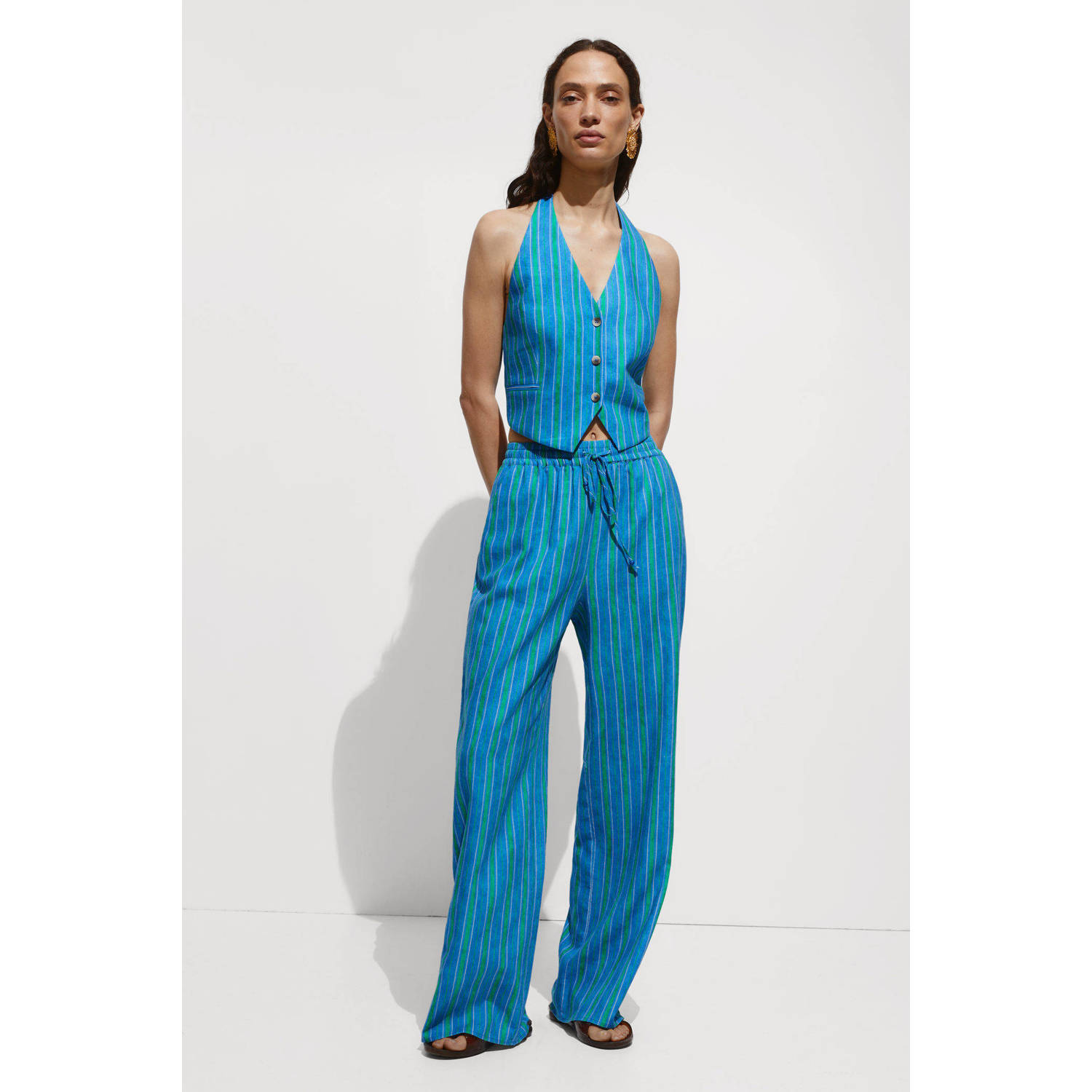 Mango gestreept gilet met open rug blauw groen