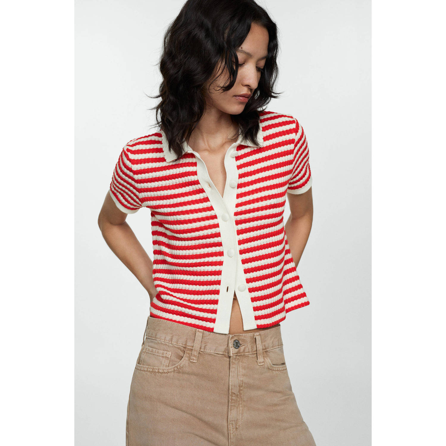 Mango gestreepte gebreide top rood ecru