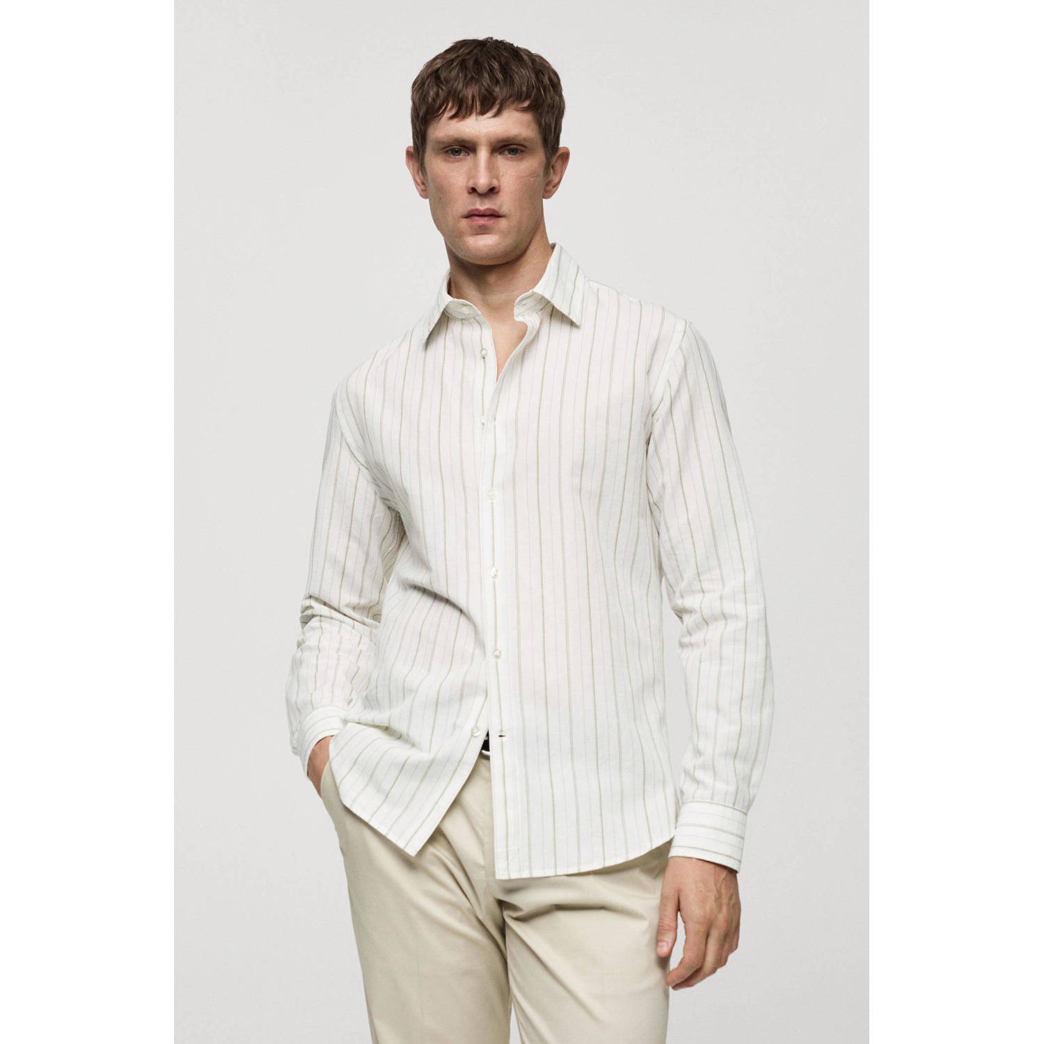 Mango Man gestreept regular fit overhemd beige