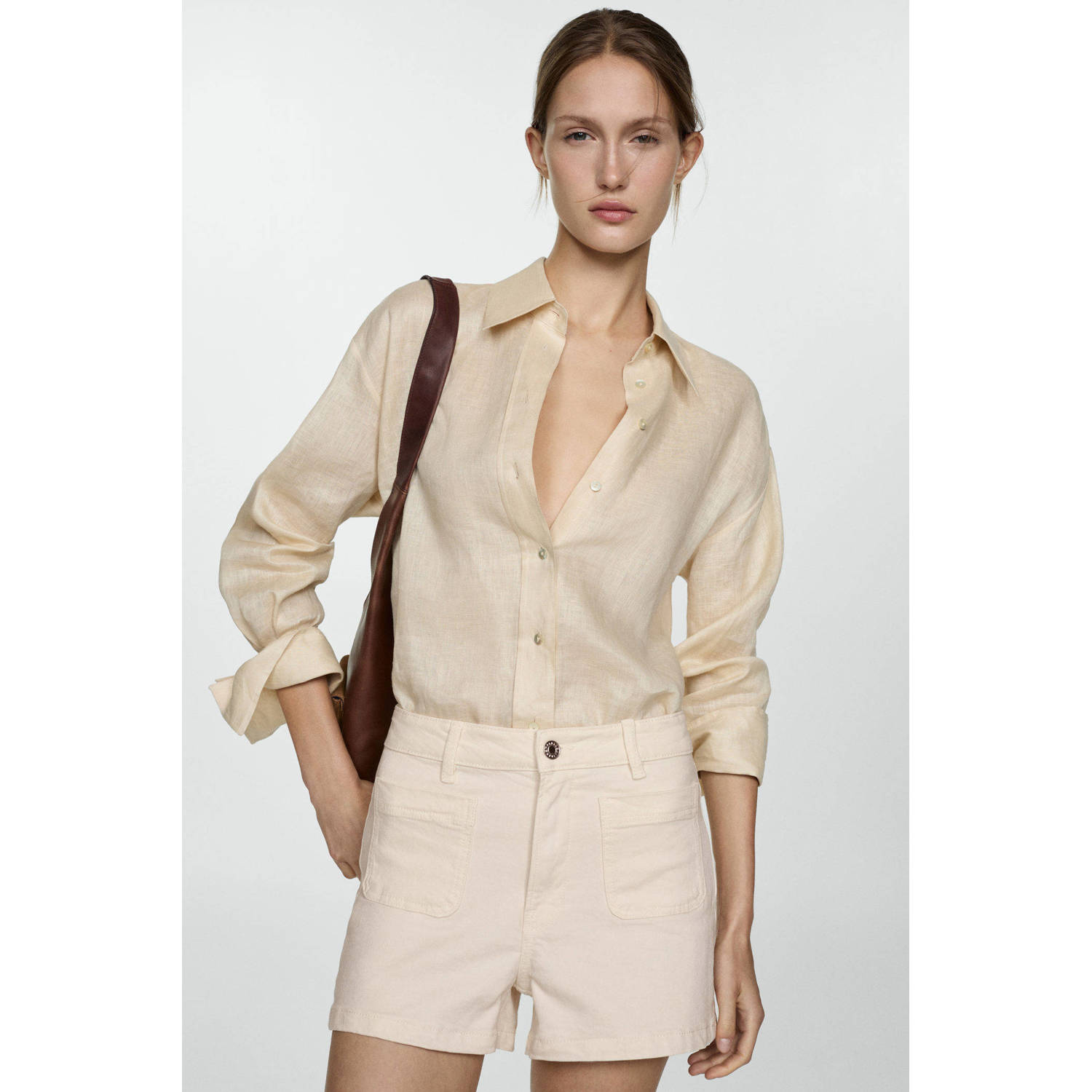 Mango high waist straight fit denim short beige