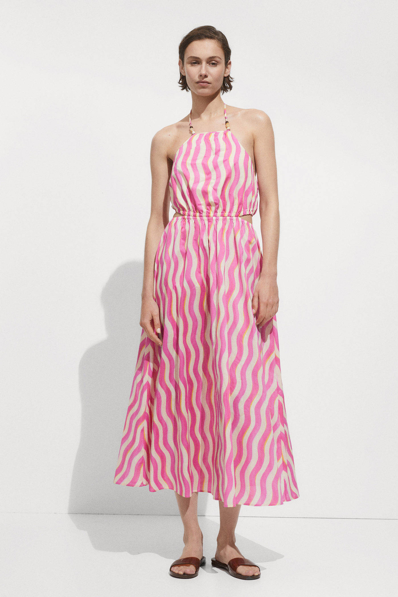 Mango gestreepte halter jurk roze ecru wehkamp