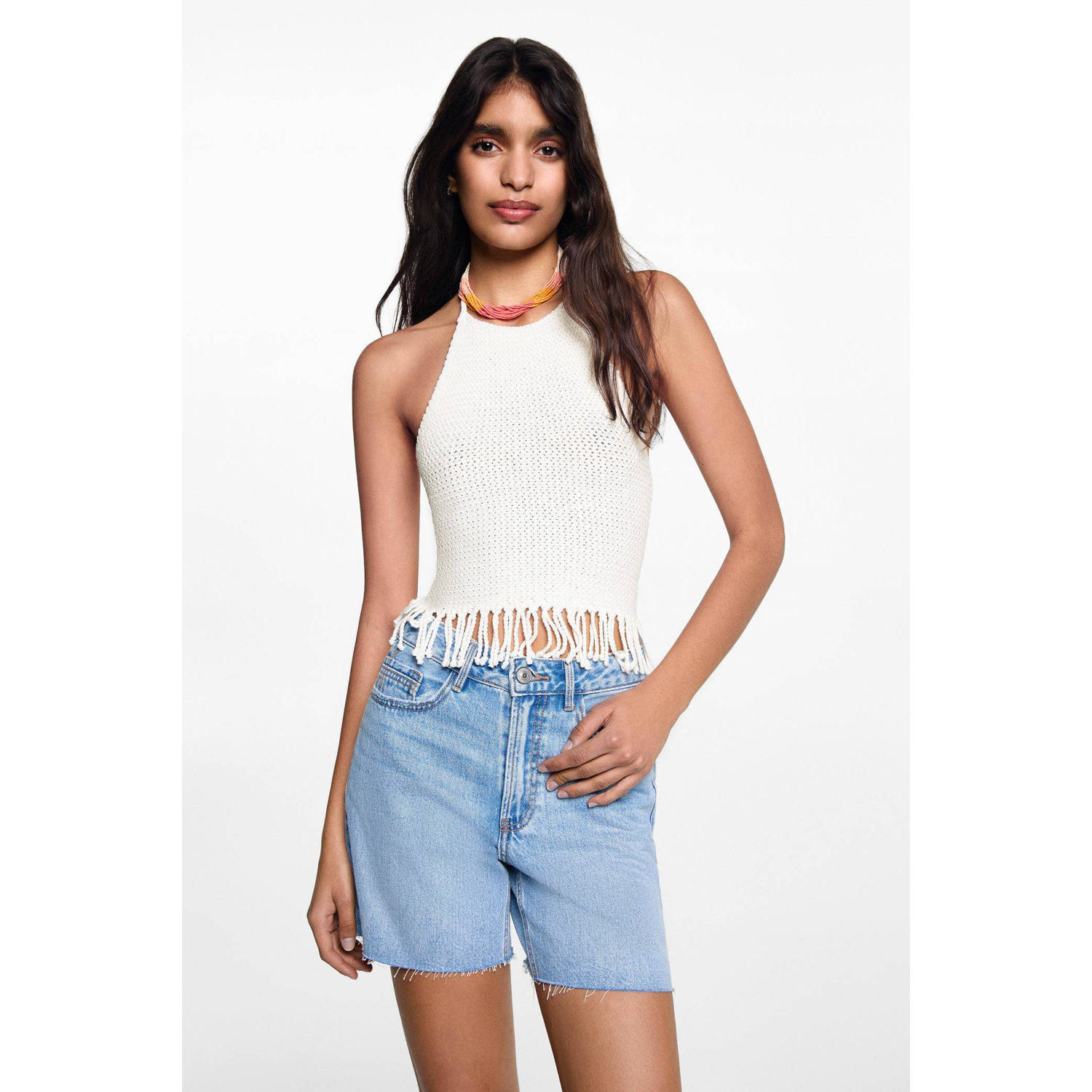 MANGO TEENS gebreide top wit Meisjes Acryl Ronde hals Effen 152(XXS)