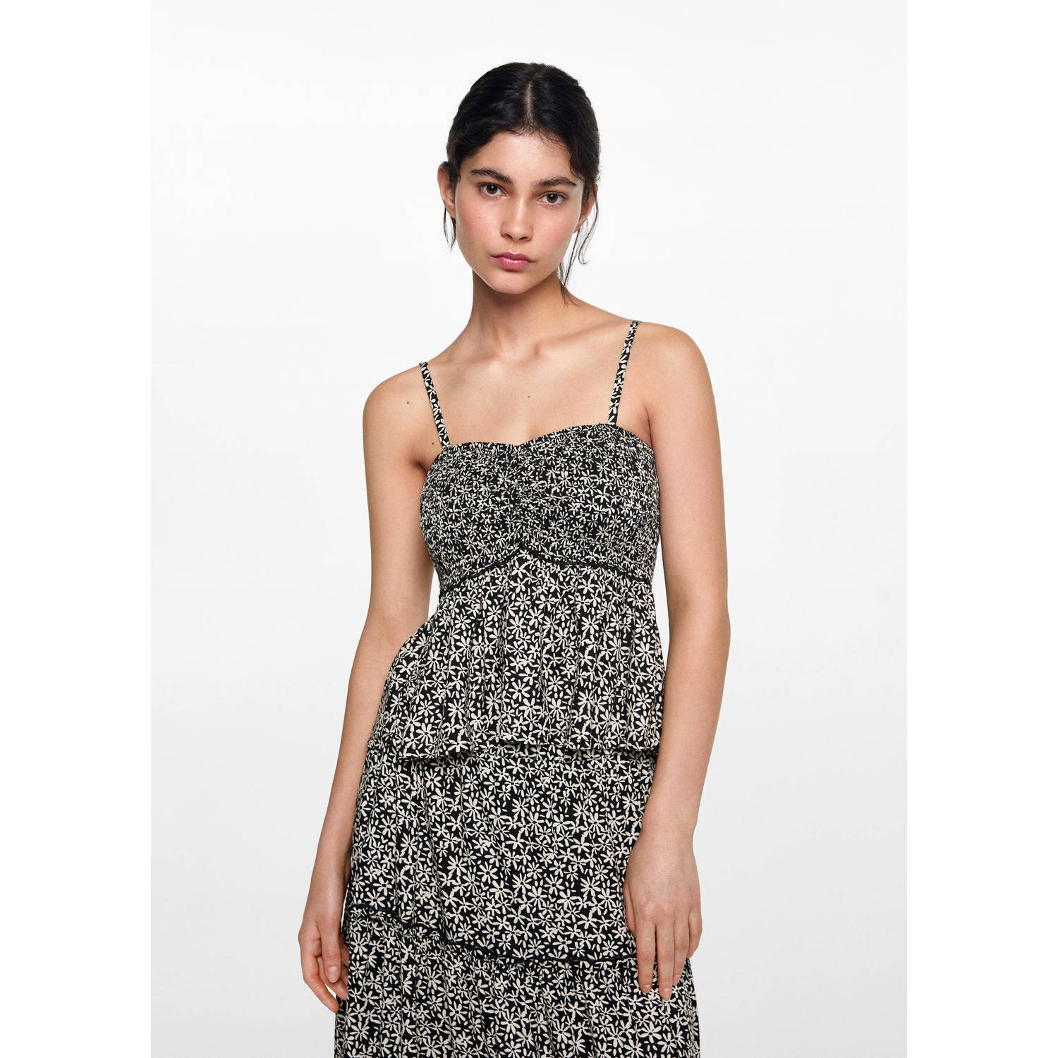 MANGO TEENS gebloemde spaghettitop zwart wit Meisjes Viscose Vierkante hals 152(XXS)