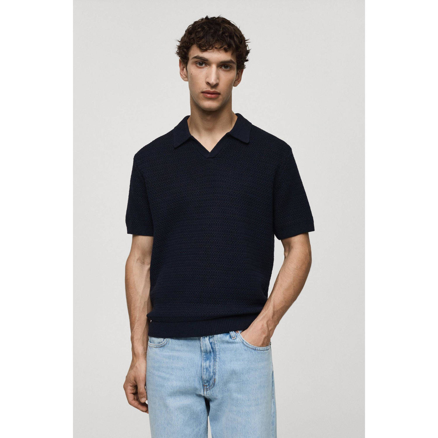 Mango Man gebreide polo met ingebreid patroon donkerblauw