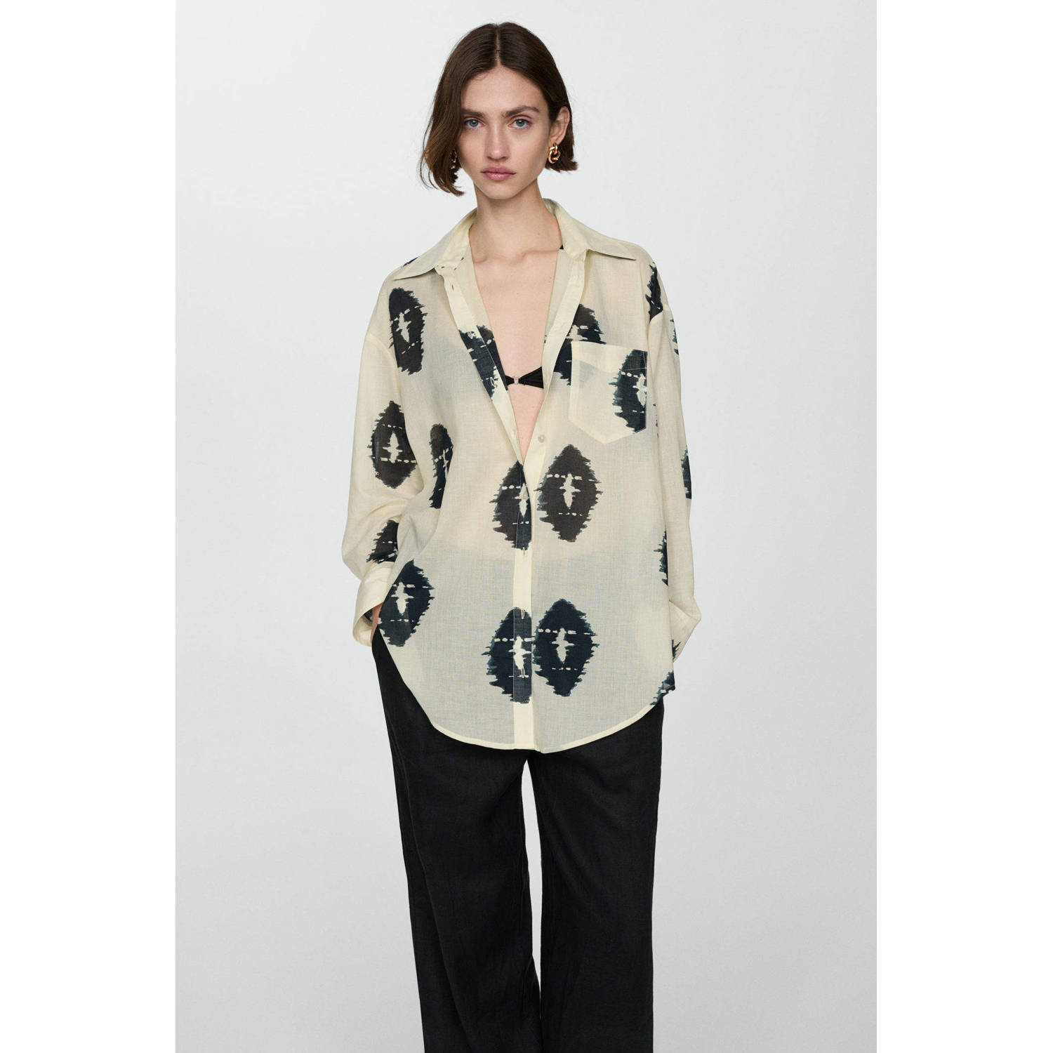 Mango blouse met all over print beige zwart