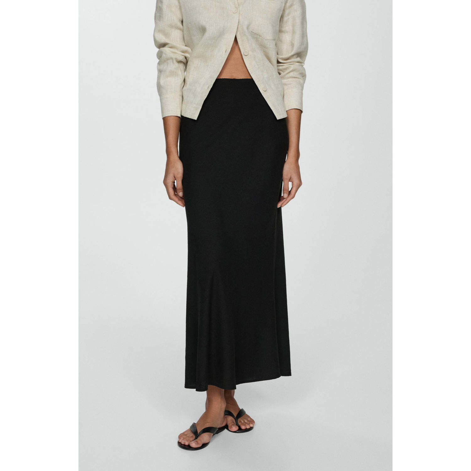 Mango midi rok met linnen zwart