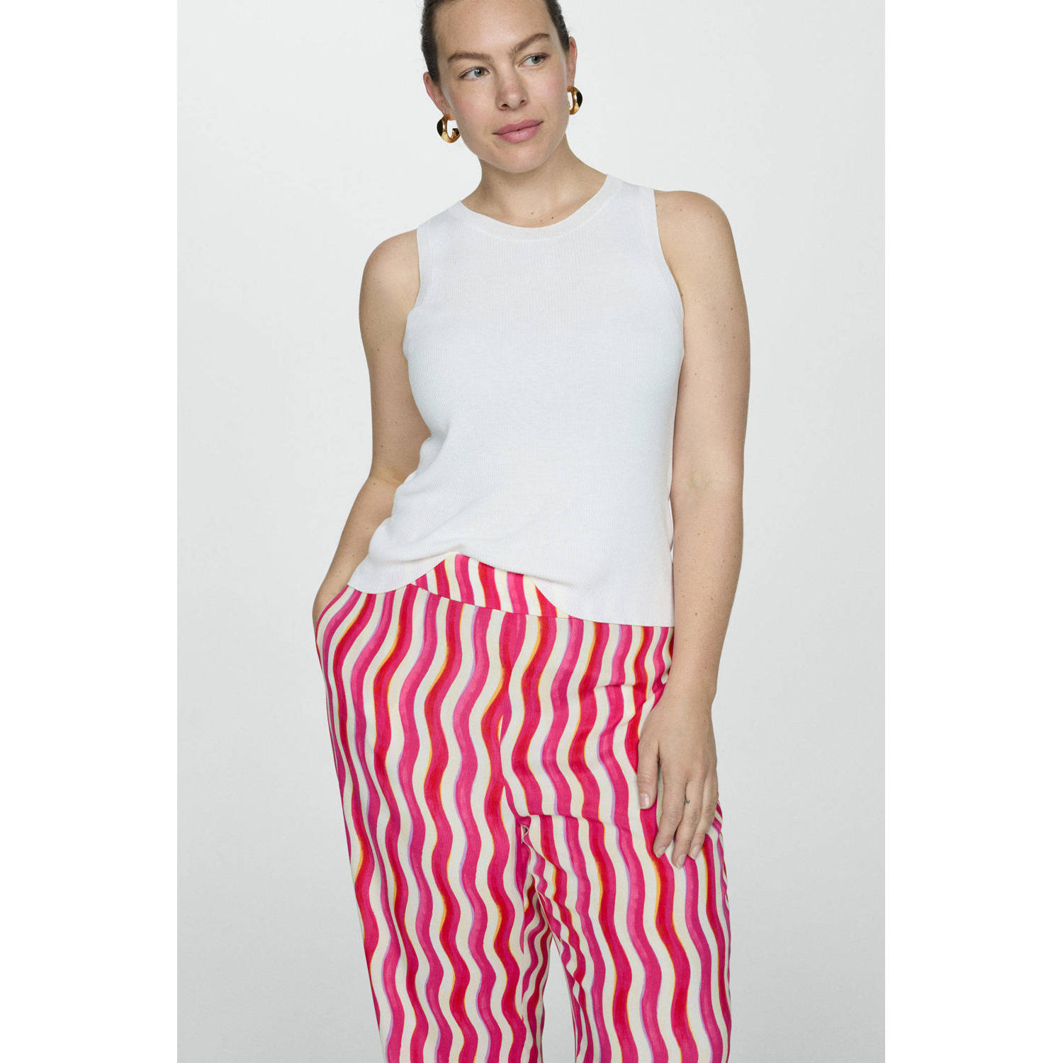 Mango high waist wide leg pantalon met grafische print roze ecru