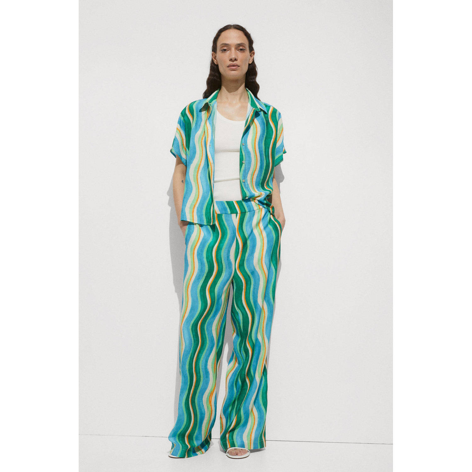 Mango high waist wide leg broek met grafische print groen blauw oranje