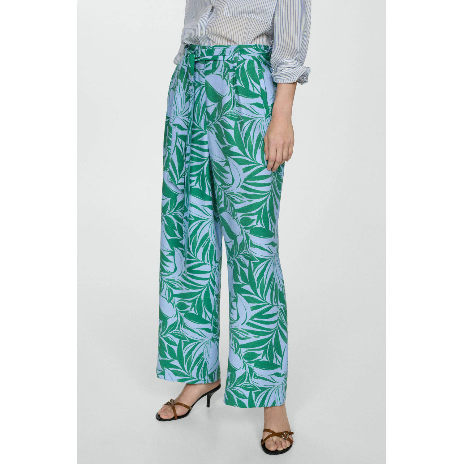 Mango cropped high waist wide leg broek met bladprint lichtblauw groen