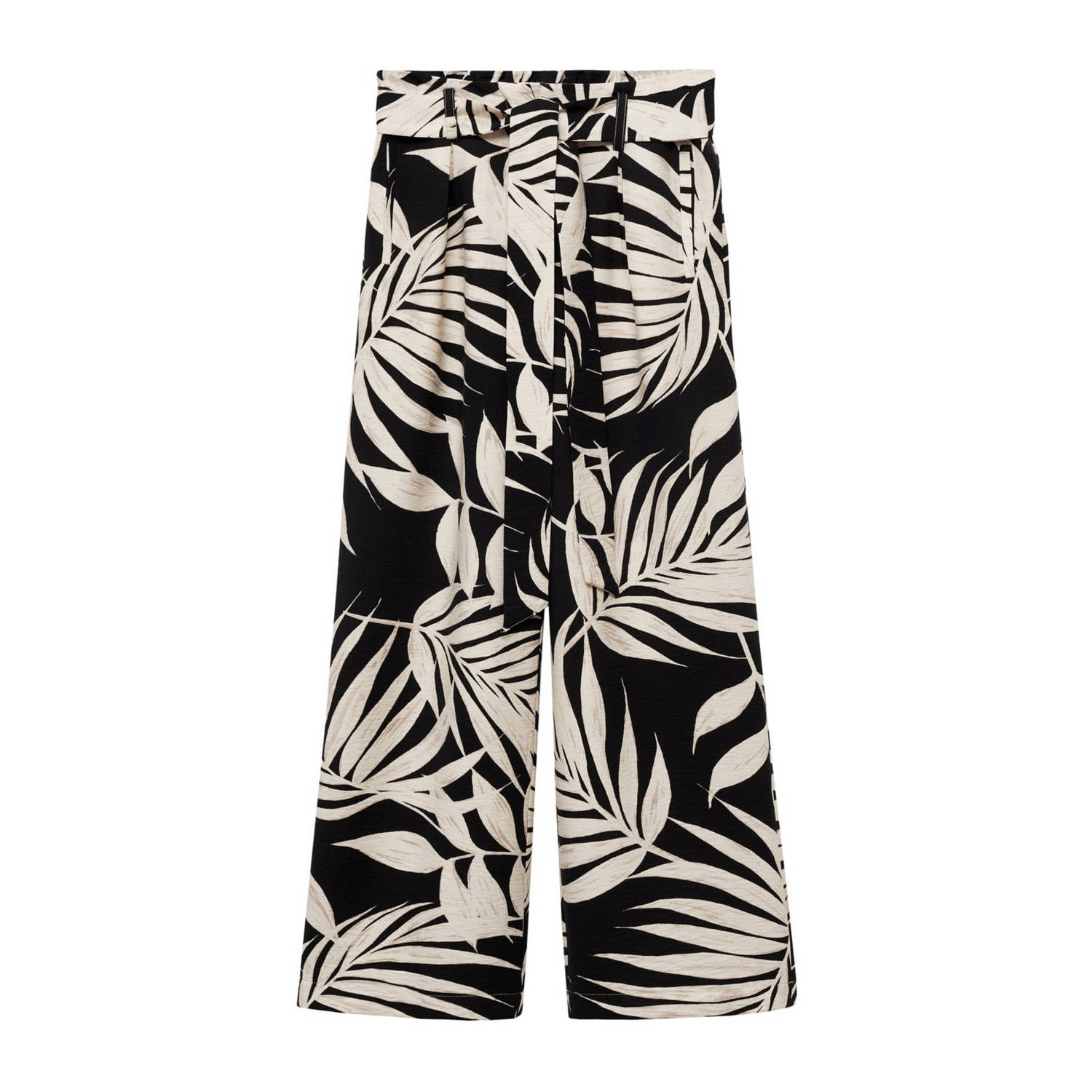 Mango cropped high waist wide leg broek met bladprint zwart ecru