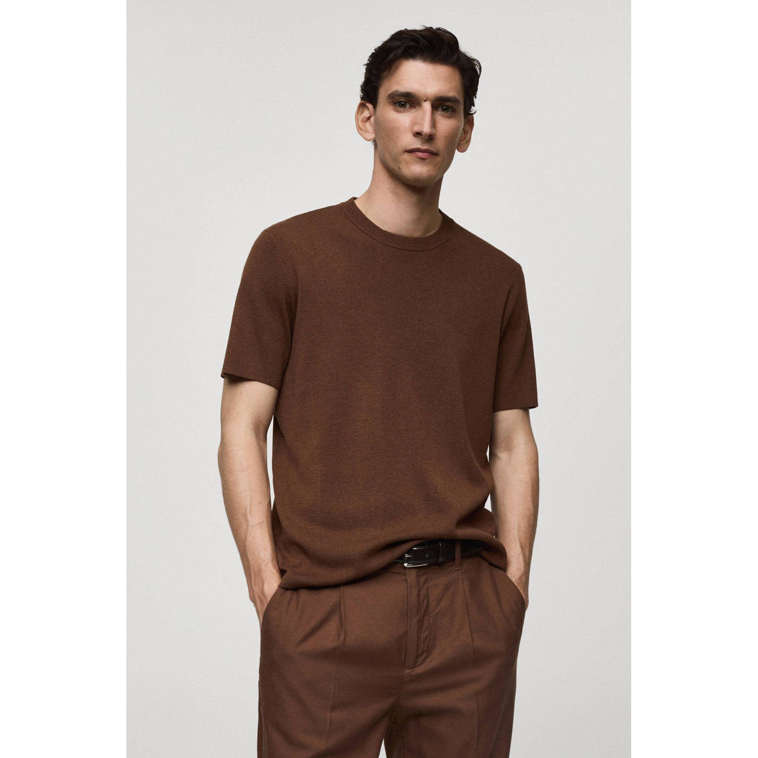 Mango Man gebreid T-shirt donkerbruin
