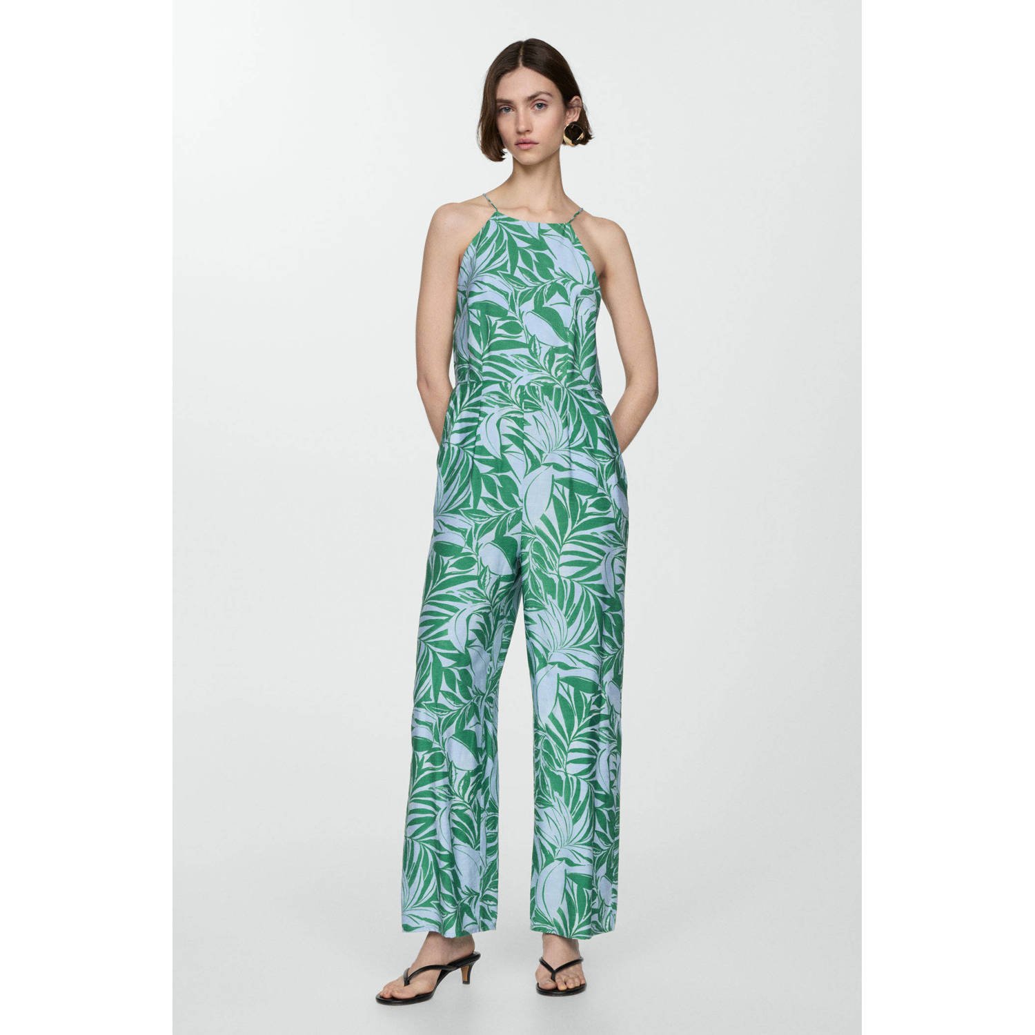 Mango jumpsuit met bladprint blauw groen