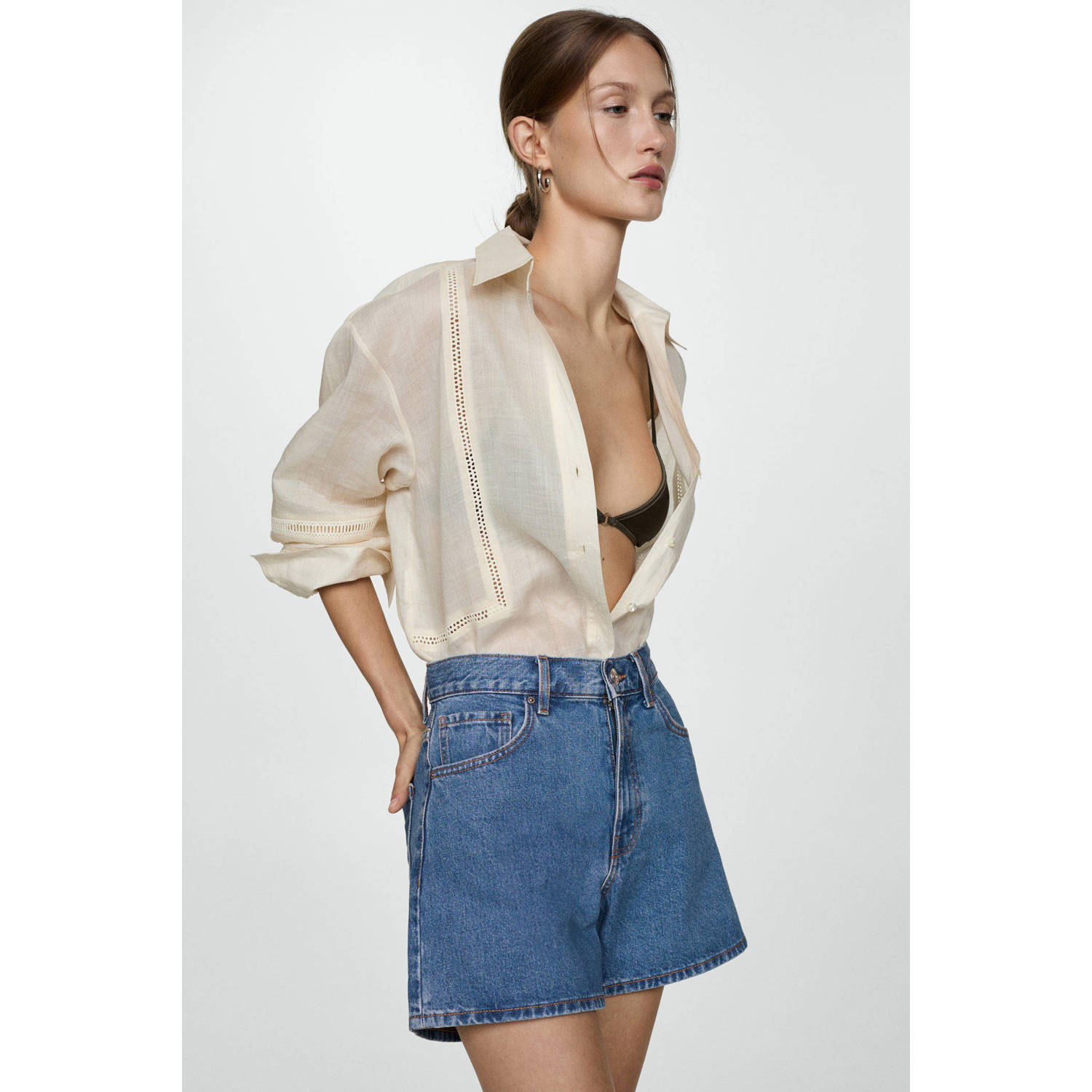 Mango high waist wide leg denim short medium blue denim