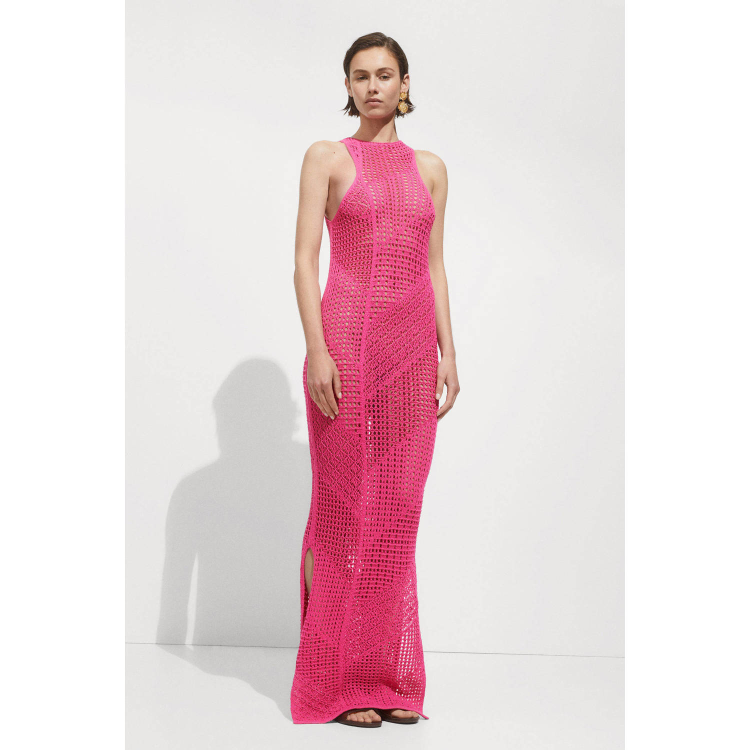 Mango semi-transparante crochet maxi jurk roze