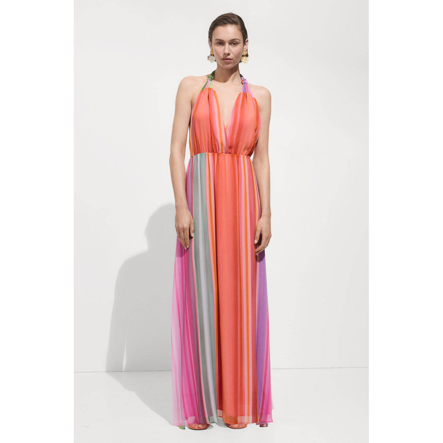 Mango gestreepte halter maxi jurk met open rug multi