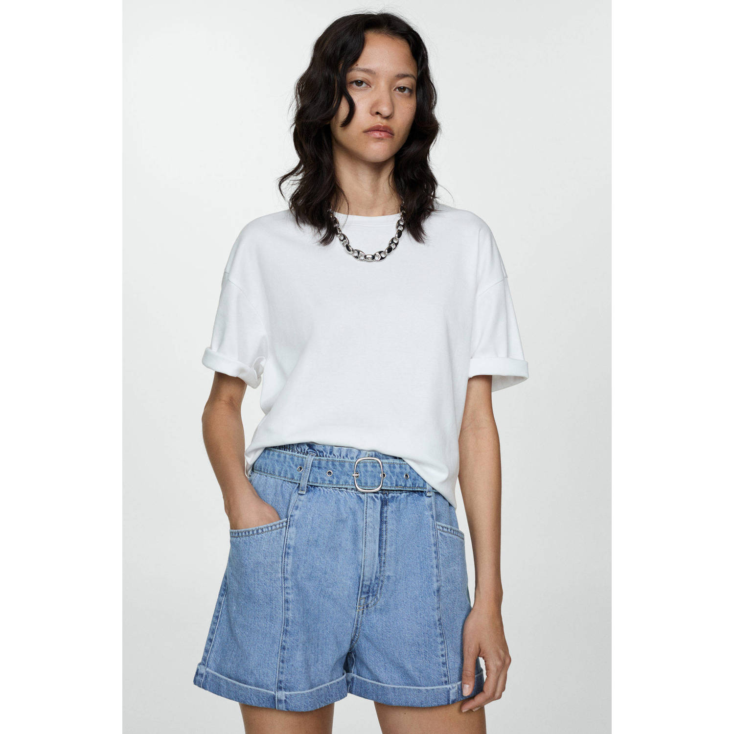 Mango high waist regular fit short light blue denim