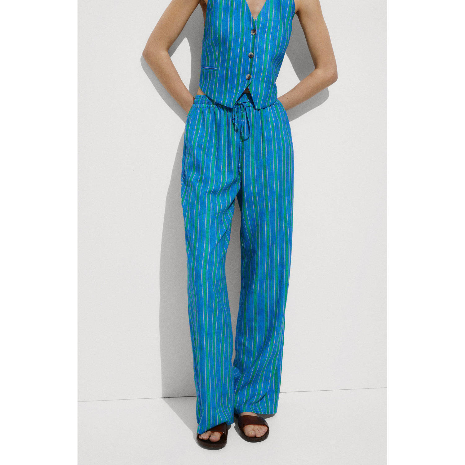 Mango gestreepte high waist wide leg pantalon blauw groen