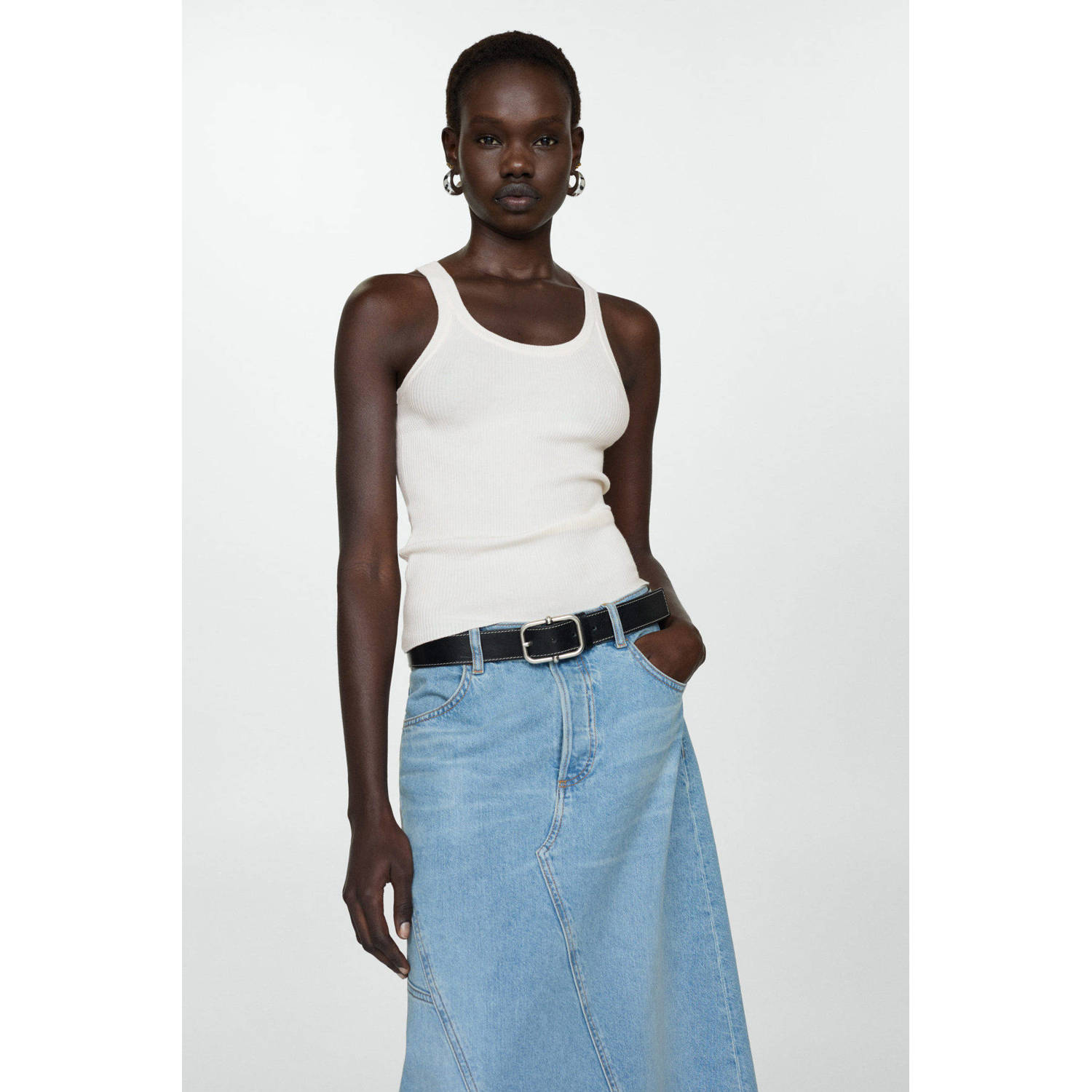 Mango ribgebreide top naturel wit