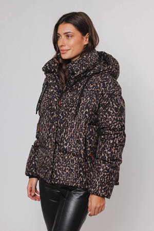 gewatteerde winterjas met panterprint bruin/zwart