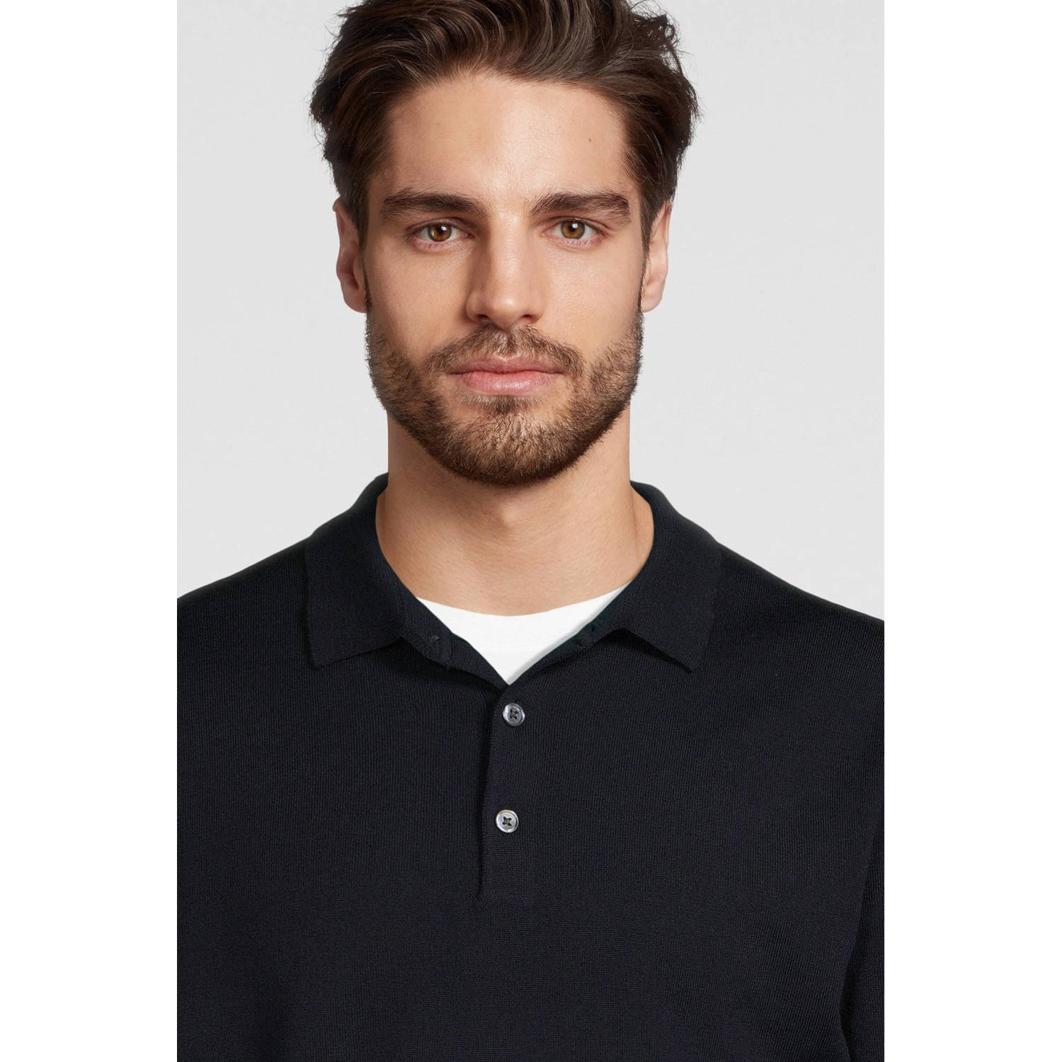 Profuomo fijngebreide wollen slim fit polo navy