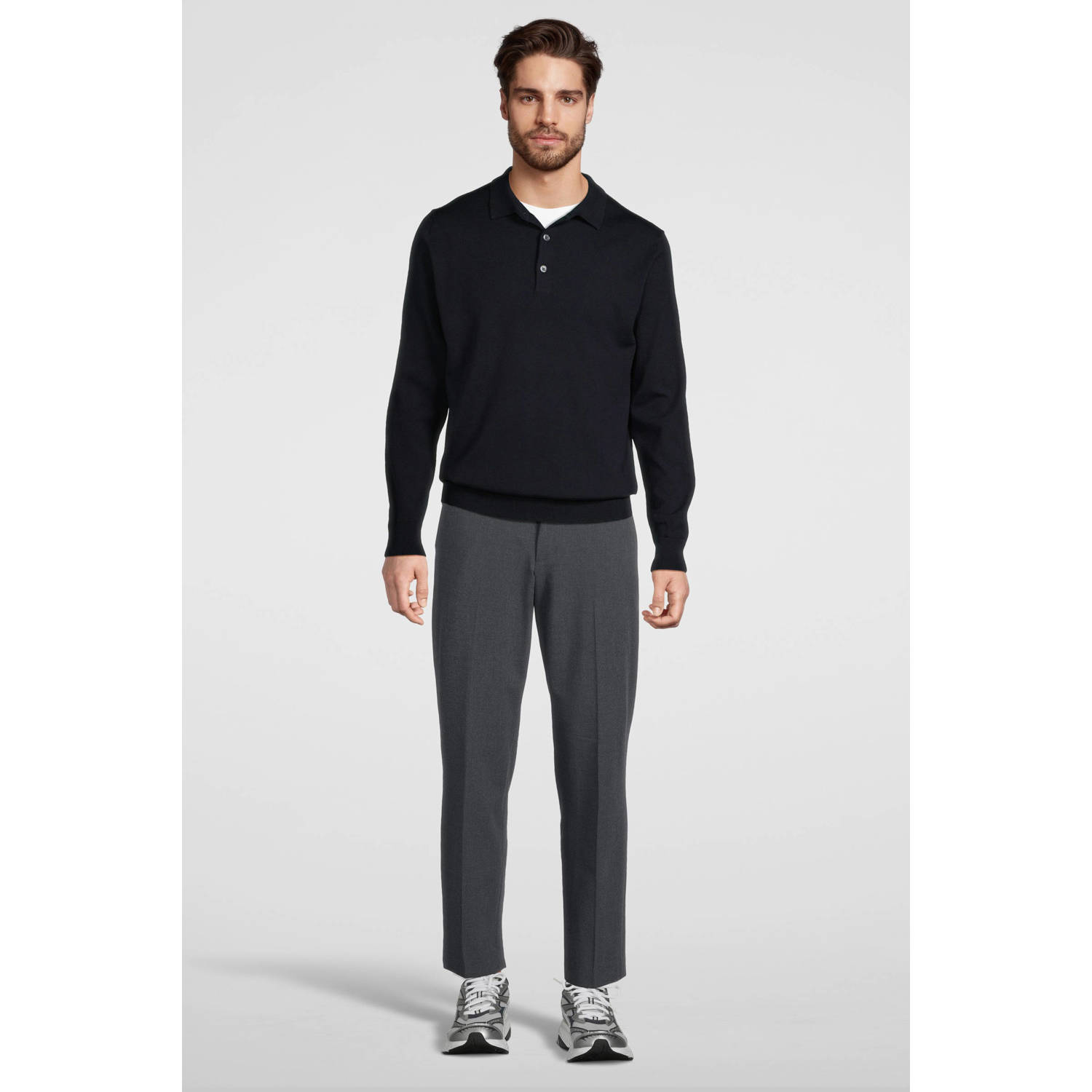 Profuomo fijngebreide wollen slim fit polo navy