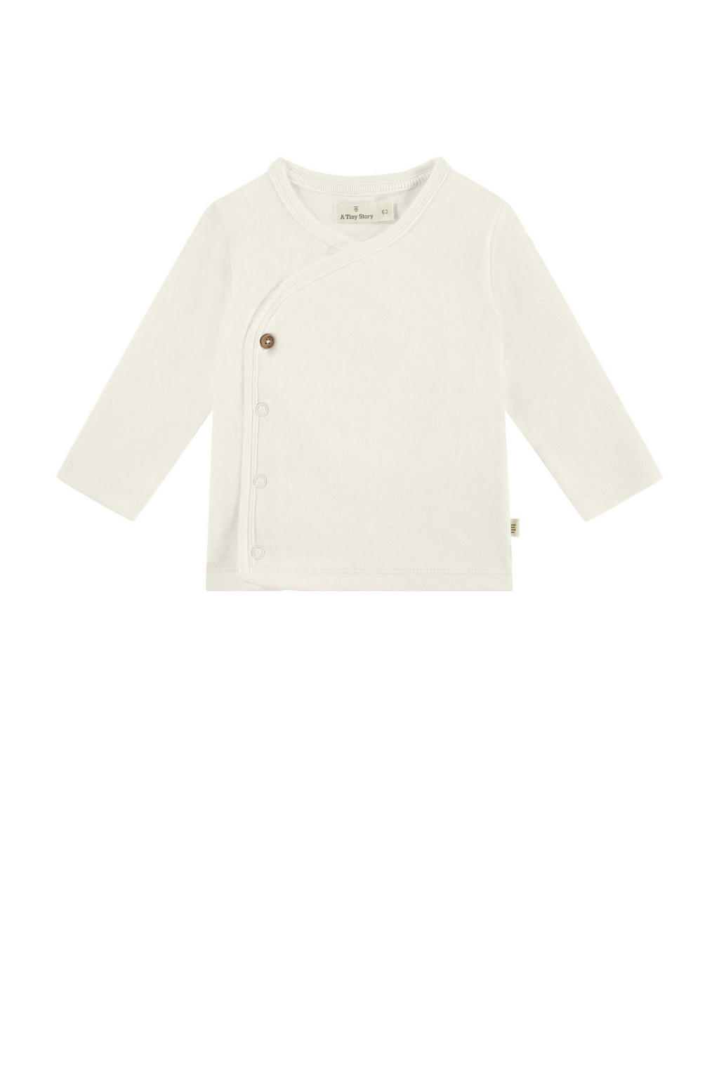 Ecru jongens en meisjes A Tiny Story baby longsleeve van katoen met effen, lange mouwen, ronde hals, drukknoopsluiting en overslag detail
