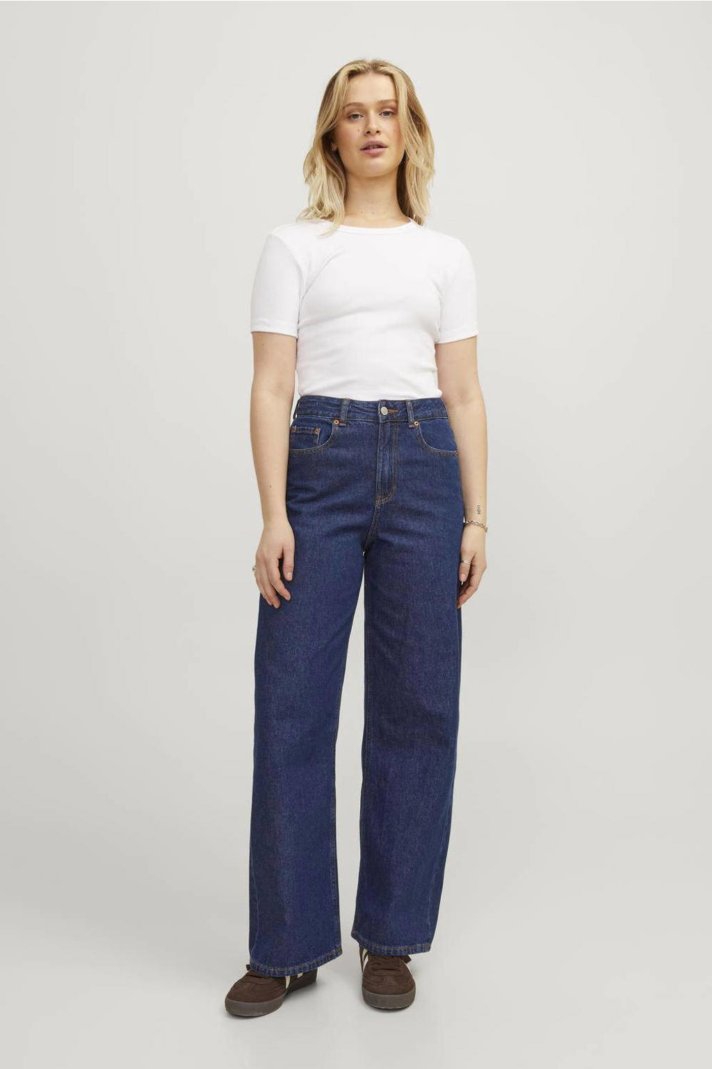Blauwe dames JJXX high waist wide leg jeans dark blue van denim met rits- en knoopsluiting en effen