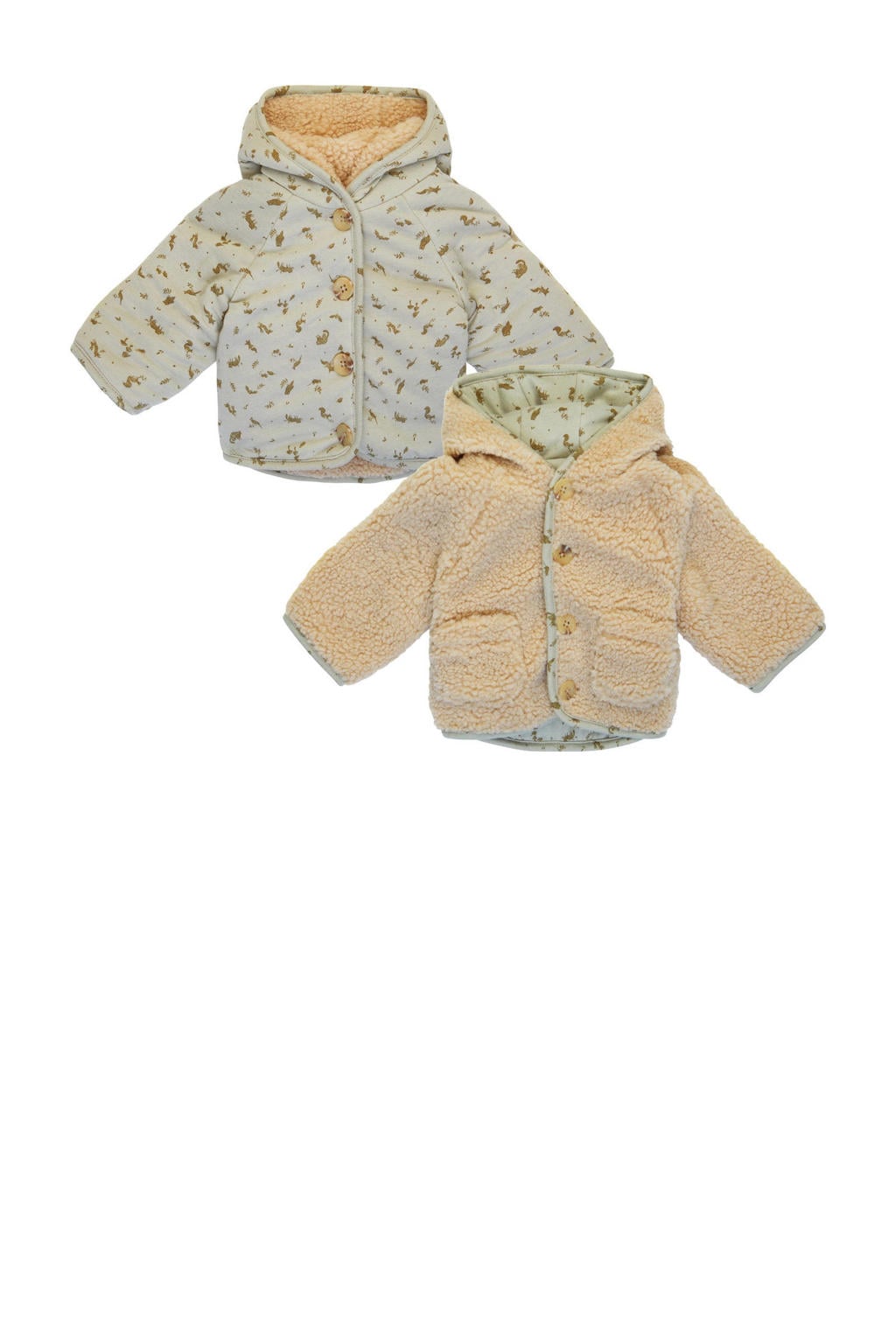 Lichtblauw en beige jongens Noppies baby reversible teddy winterjas met lange mouwen, capuchon en knoopsluiting