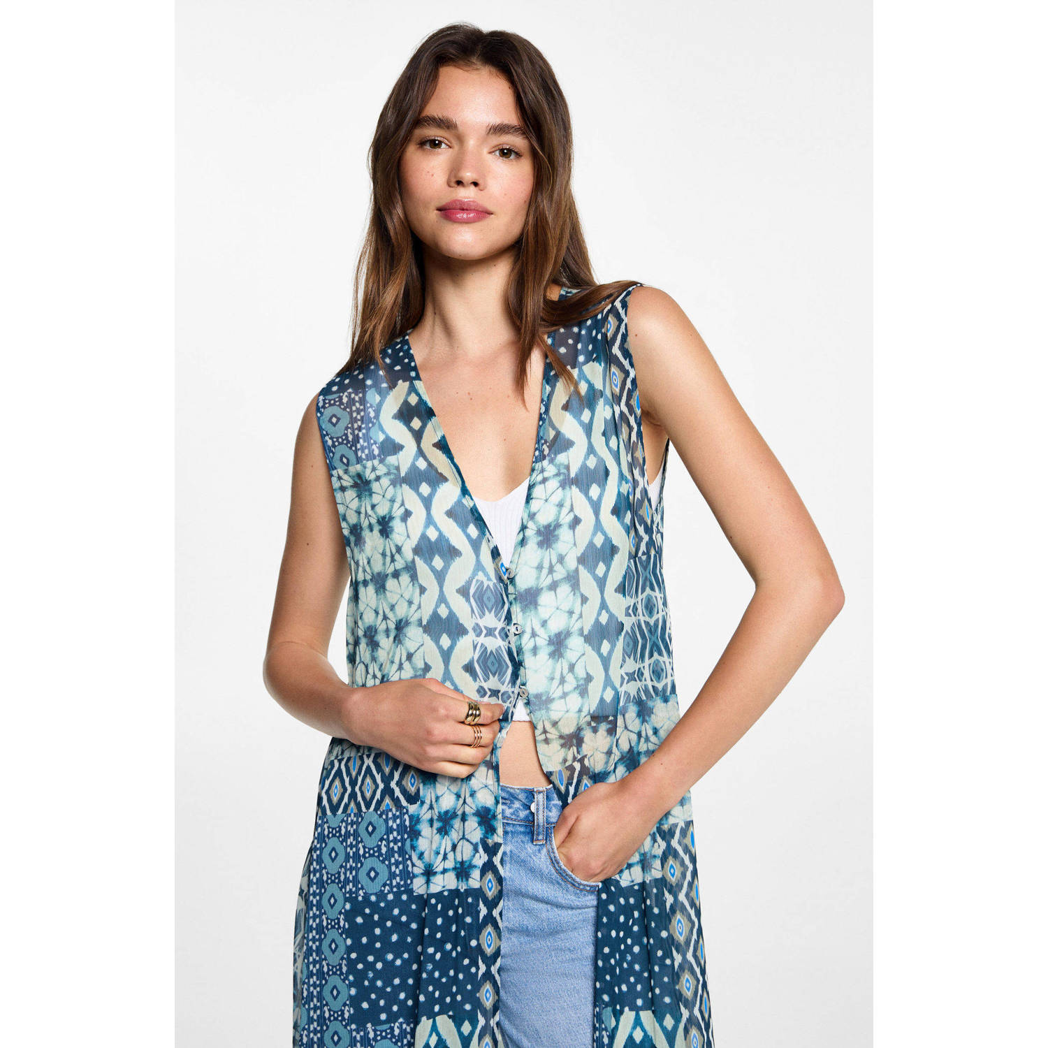 MANGO TEENS gilet met all over print blauw wit Meisjes Polyester V-hals 164(S)