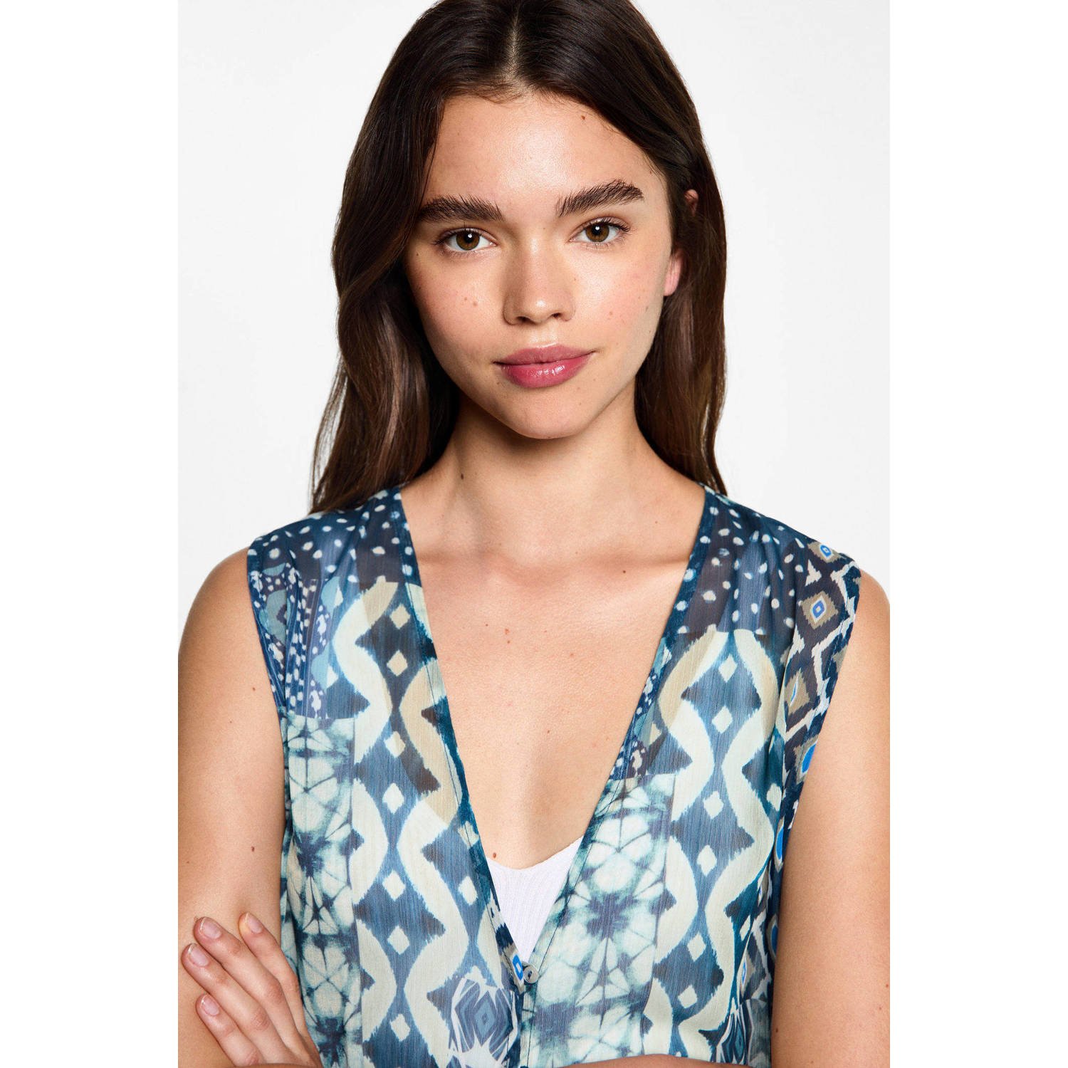 MANGO TEEN gilet met all over print blauw wit
