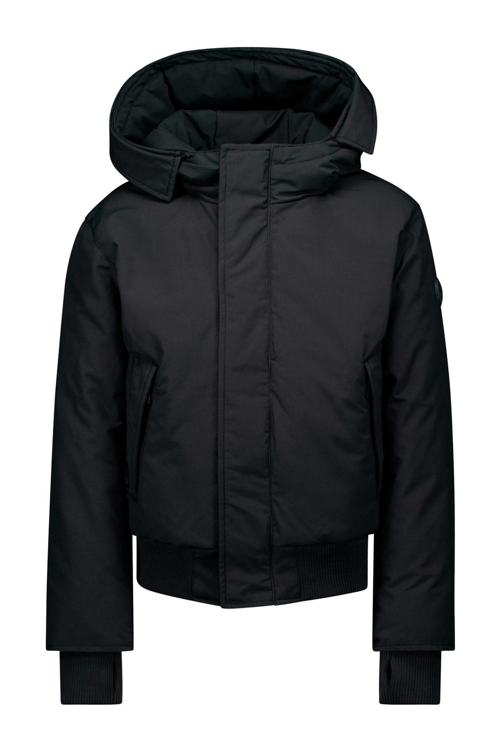 Zwarte jongens Airforce winterjas van nylon met effen, lange mouwen, capuchon en blinde ritssluiting