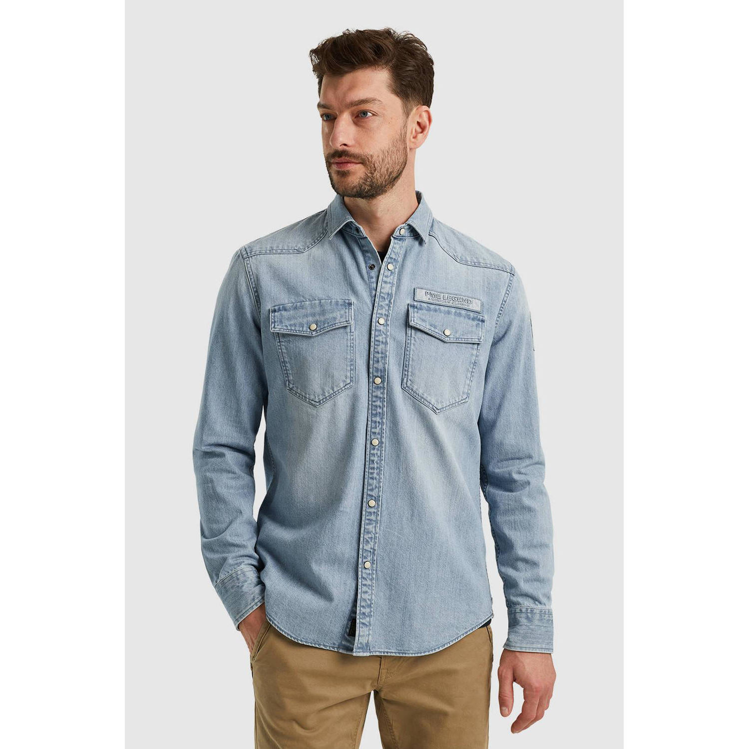 PME Legend Bleach Indigo Denim Lange Mouw Shirt Blue Heren