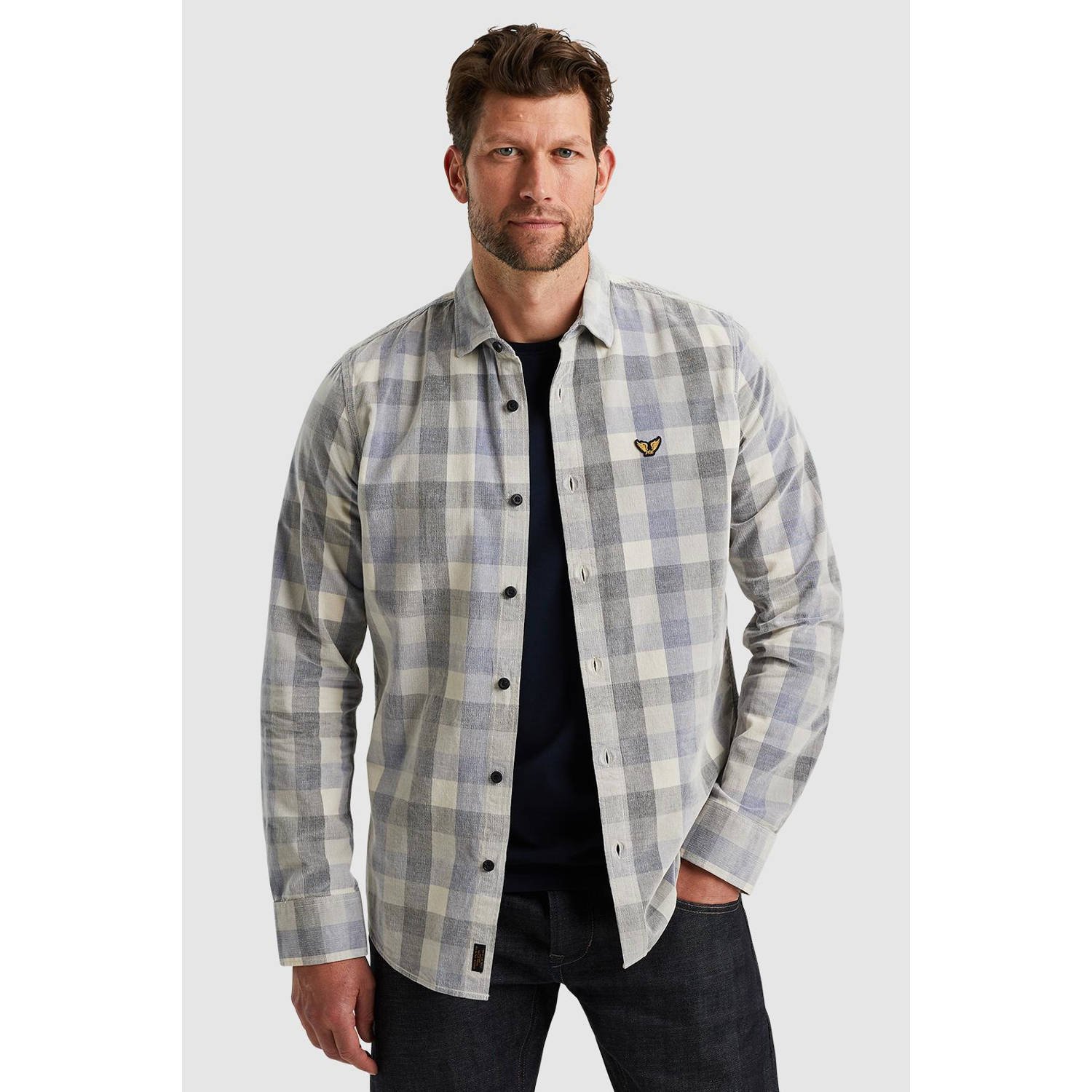 PME Legend Corduroy Check Overhemd Lange Mouw Blue Heren