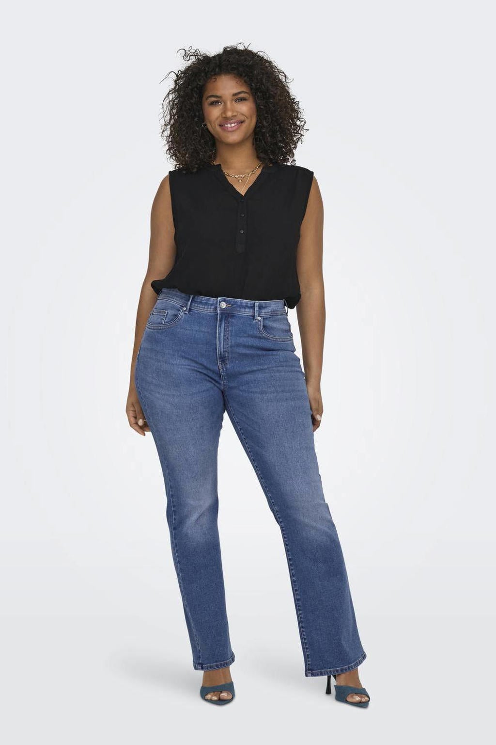 Blauwe dames ONLY CARMAKOMA flared jeans van denim met regular waist, rits- en knoopsluiting en effen