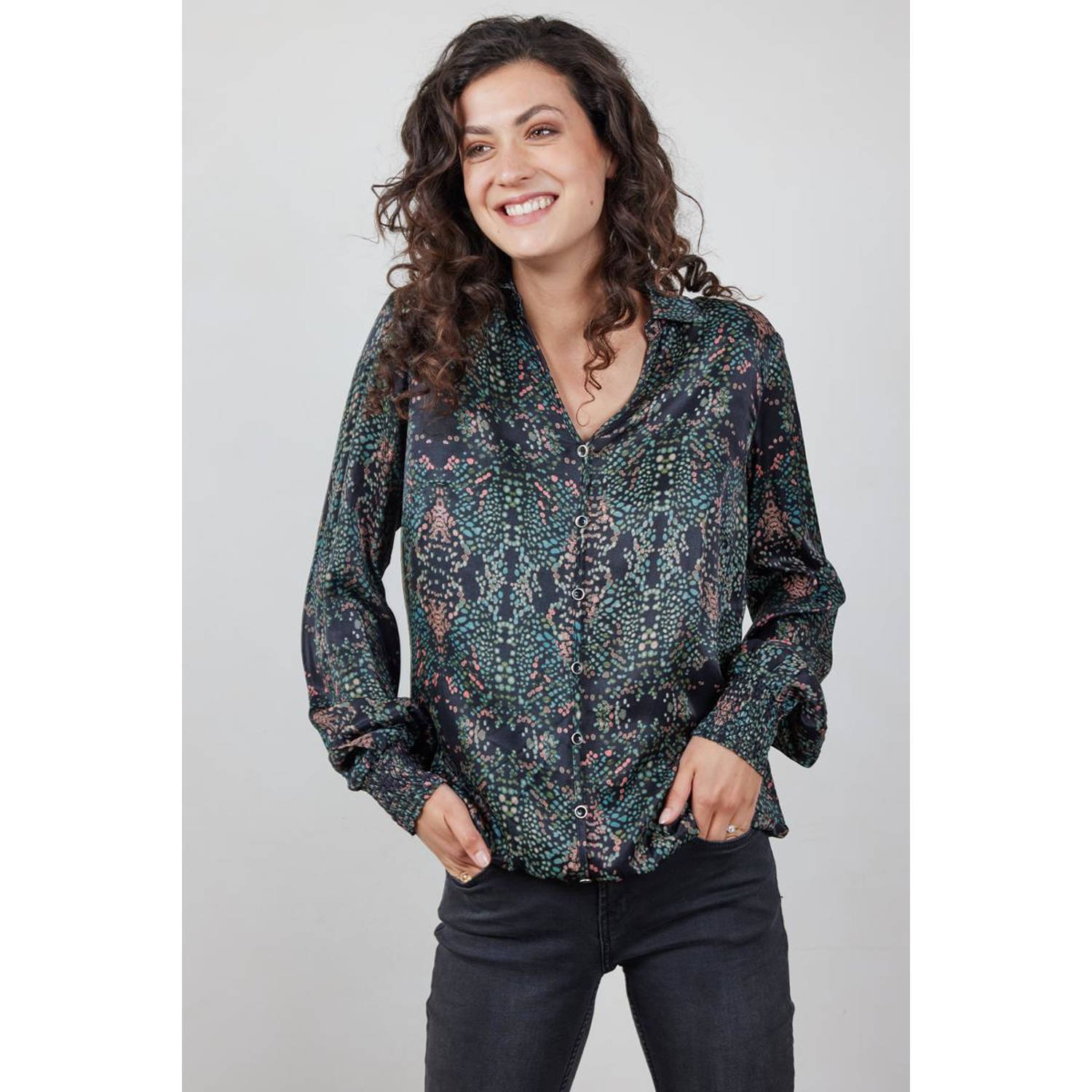Didi blouse Fiesta met all over print zwart groen oranje