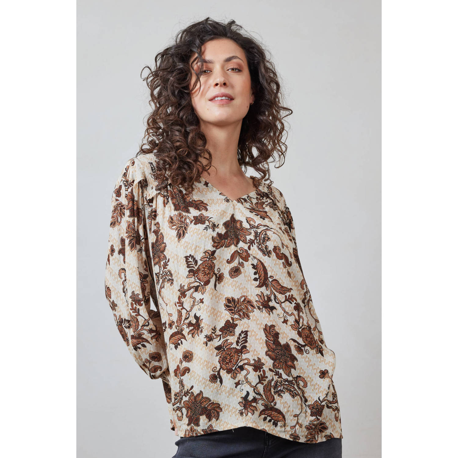 Didi top met bloemenprint ecru bruin