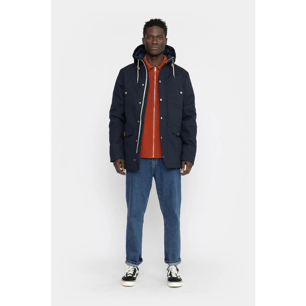 Donkerblauwe heren REVOLUTION parka van polyester met effen, lange mouwen, capuchon en rits- en drukknoopsluiting