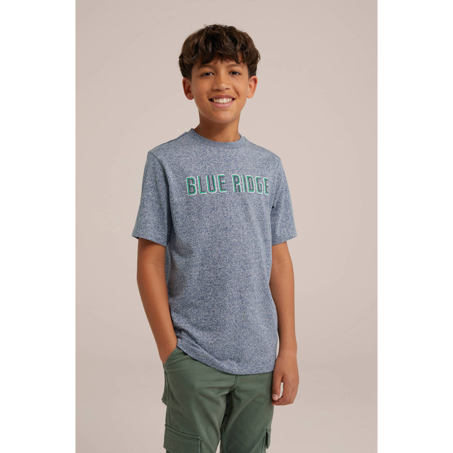 WE Fashion T-shirt met tekst donkerblauw wit groen Jongens Katoen Ronde hals 110 116
