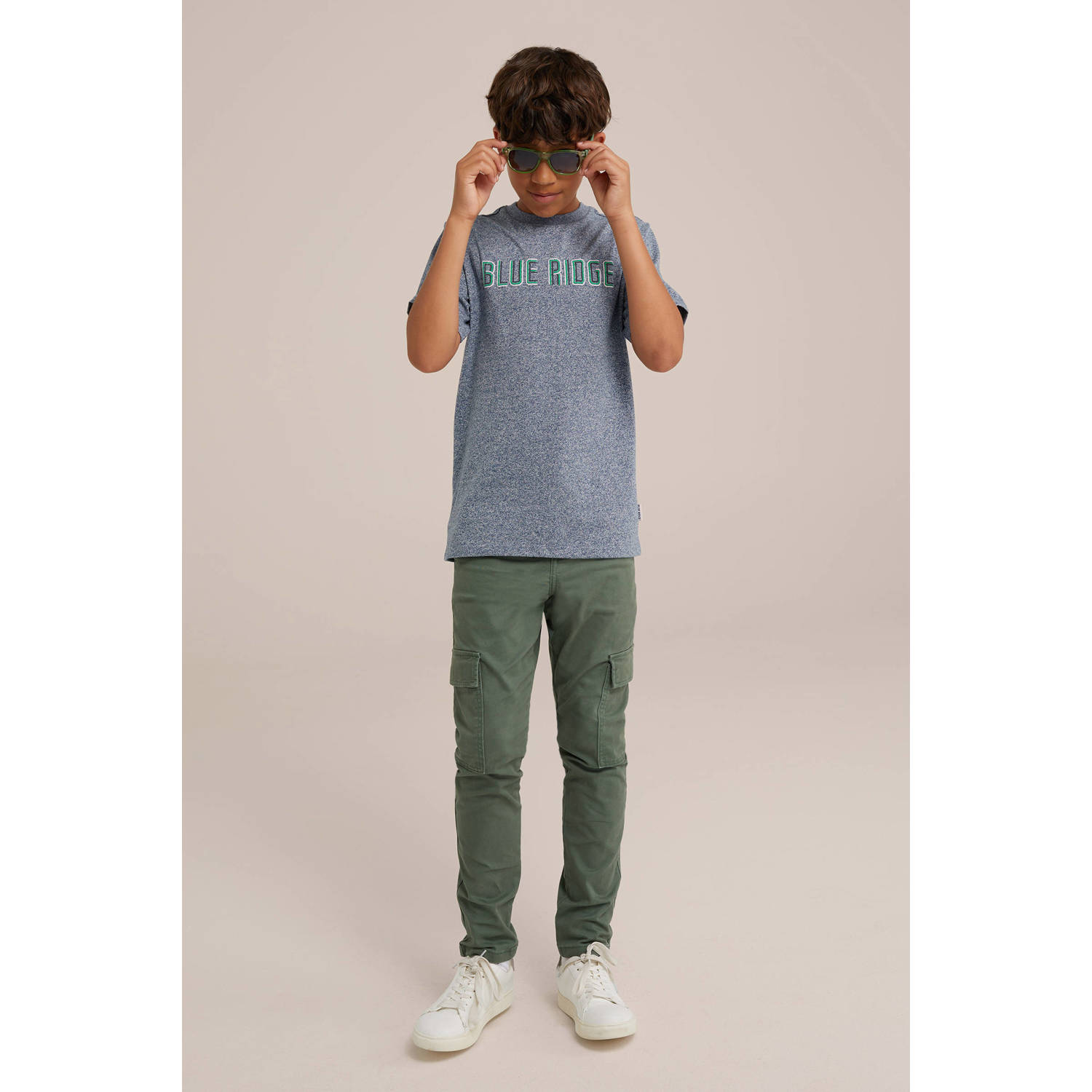 WE Fashion T-shirt met tekst donkerblauw wit groen