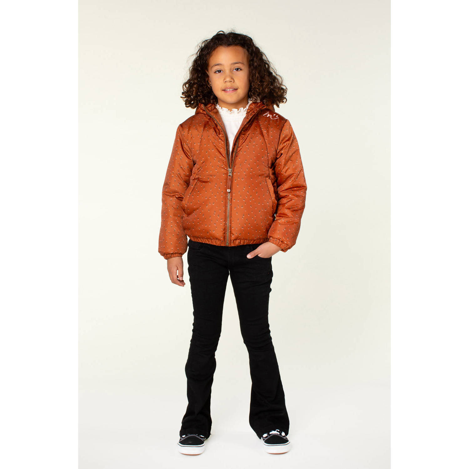 Moodstreet winterjas Jet met all over print roestbruin